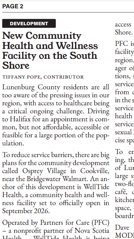 New Community Health and Wellness Facility on the South Shore, Lunenburg Barnacle, January 2026