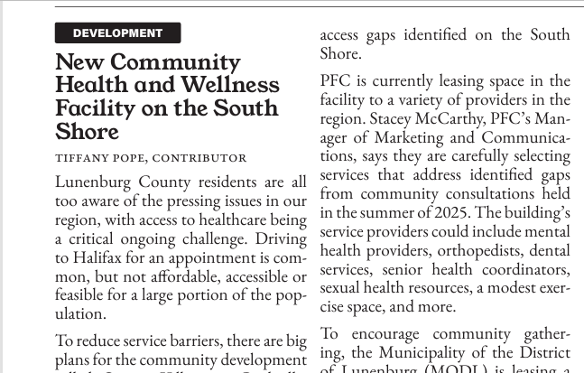 New Community Health and Wellness Facility on the South Shore, Lunenburg Barnacle, January 2026