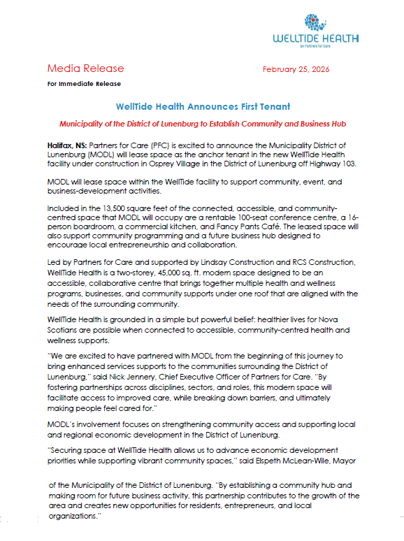 WellTide Health Announces First Anchor Tenant - Municipality of the District of Lunenburg