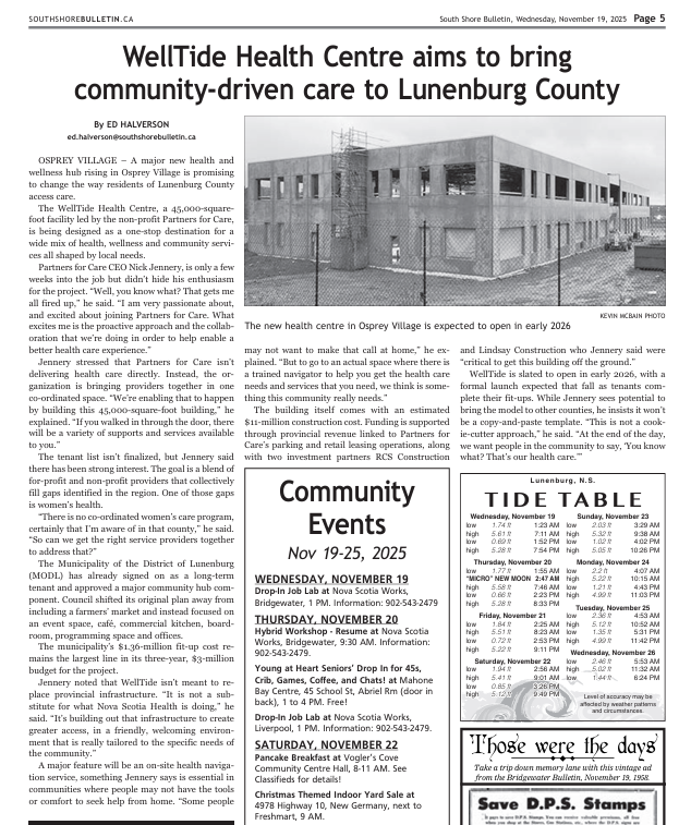 WellTide Health coming to Lunenburg County, South Shore Bulletin Nov 19, 2025