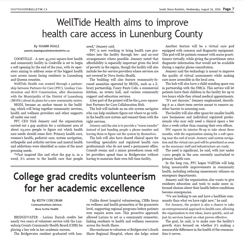 WellTide Health Aims to Improve Health Care Access in Lunenburg County, South Shore Bulletin, page 7, Aug 26, 2026