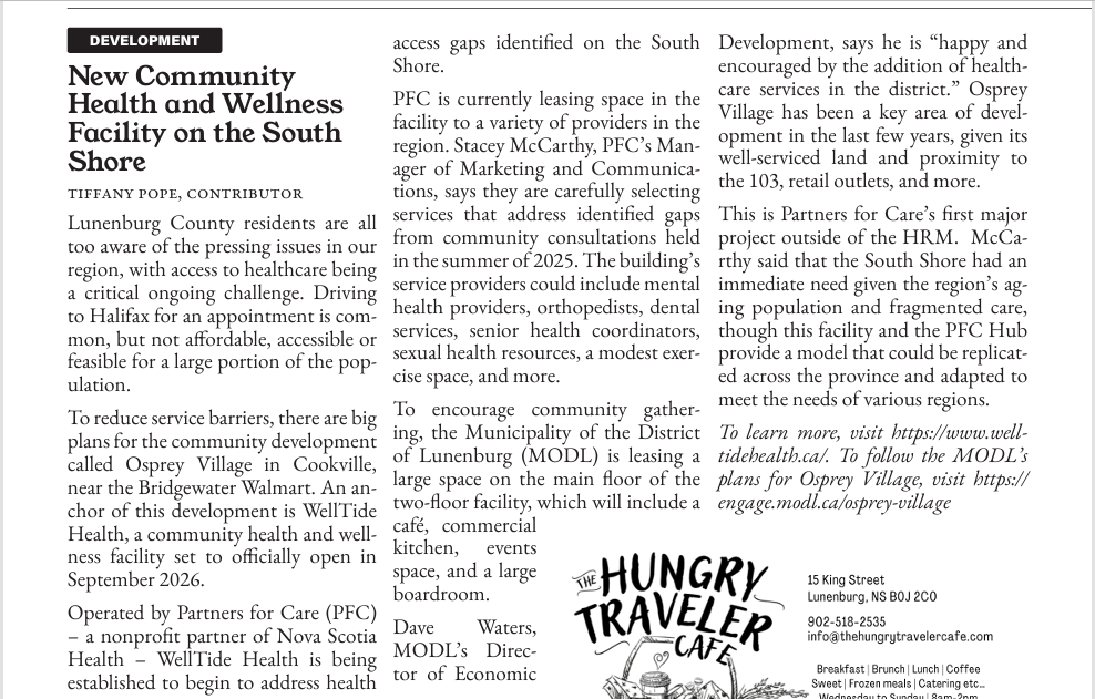 New Community Health and Wellness Facility on the South Shore, Lunenburg Barnacle, January 2026