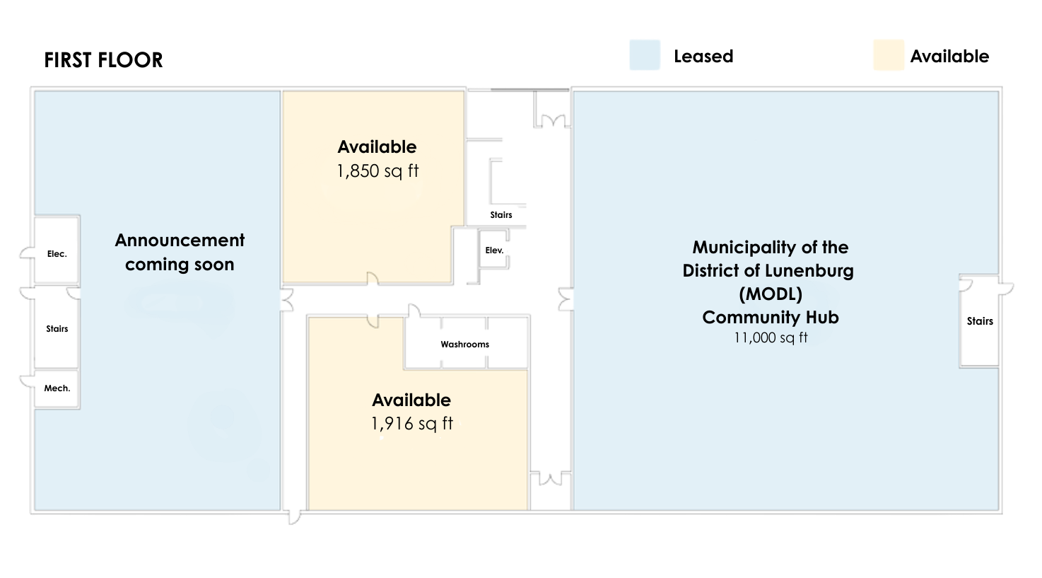 First Floor plan diagram of WellTide Health showing leased areas in blue, two available spaces in orange with square footage, and washrooms in black. The left side has a 1,850 sq ft available space and the right side shows a 1,916 sq ft available spa