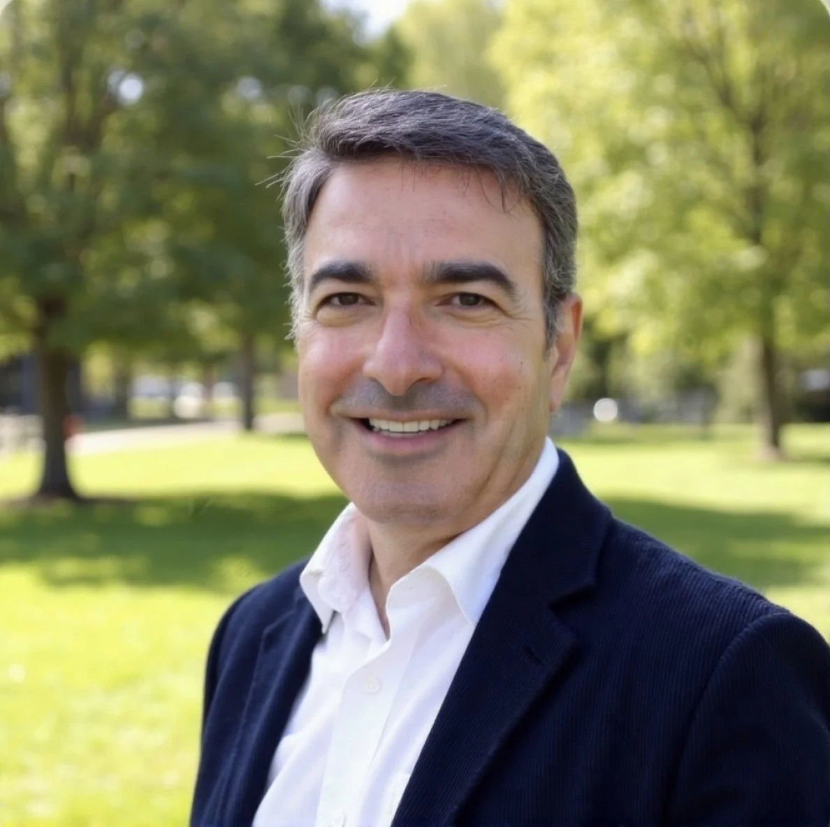 A smiling man wearing glasses, a white safety helmet, a white shirt, and a patterned tie outdoors at a construction site with tall, unfinished buildings.