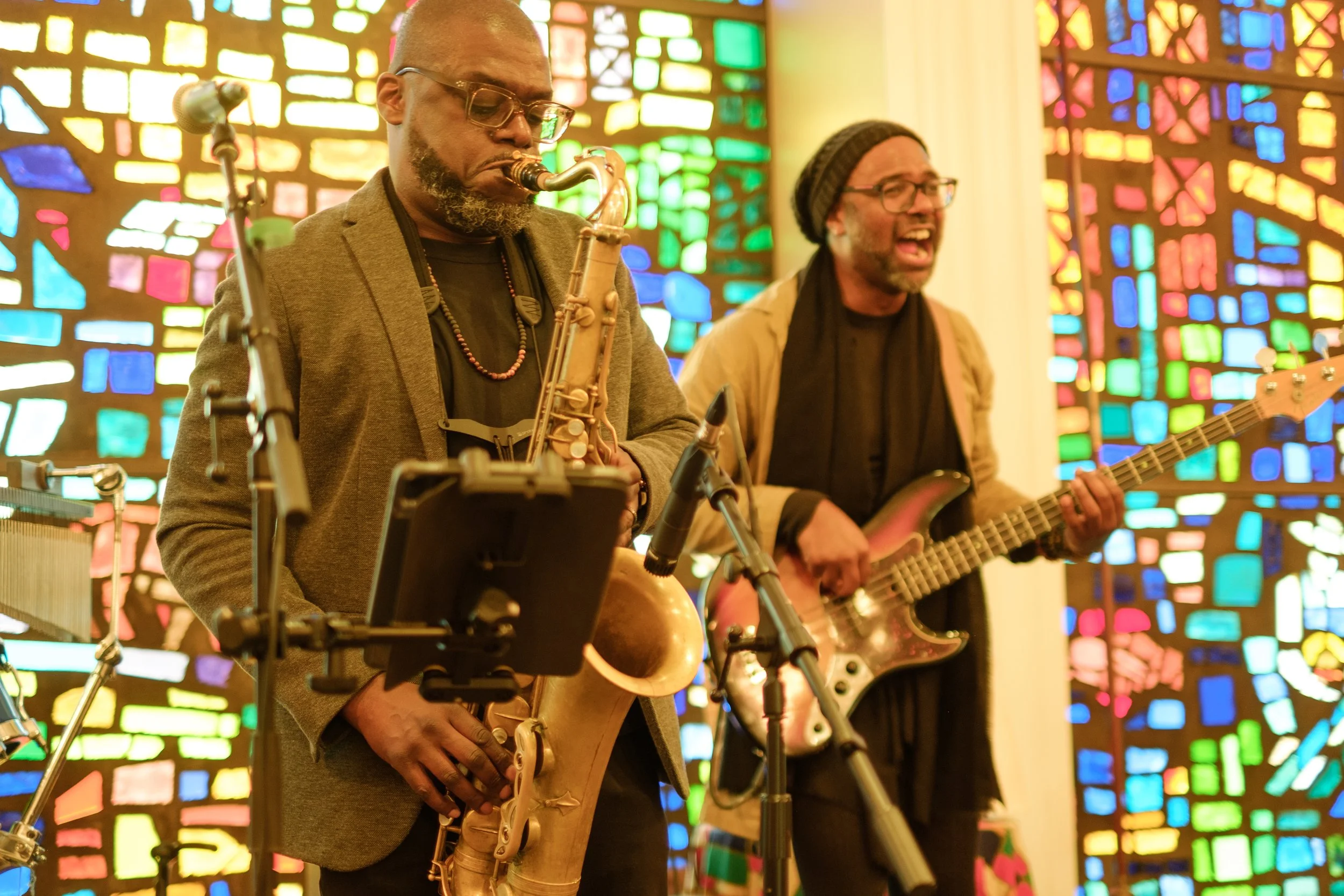 Marqueal Jordan (saxophone and vocals) and Junius Paul (bass).