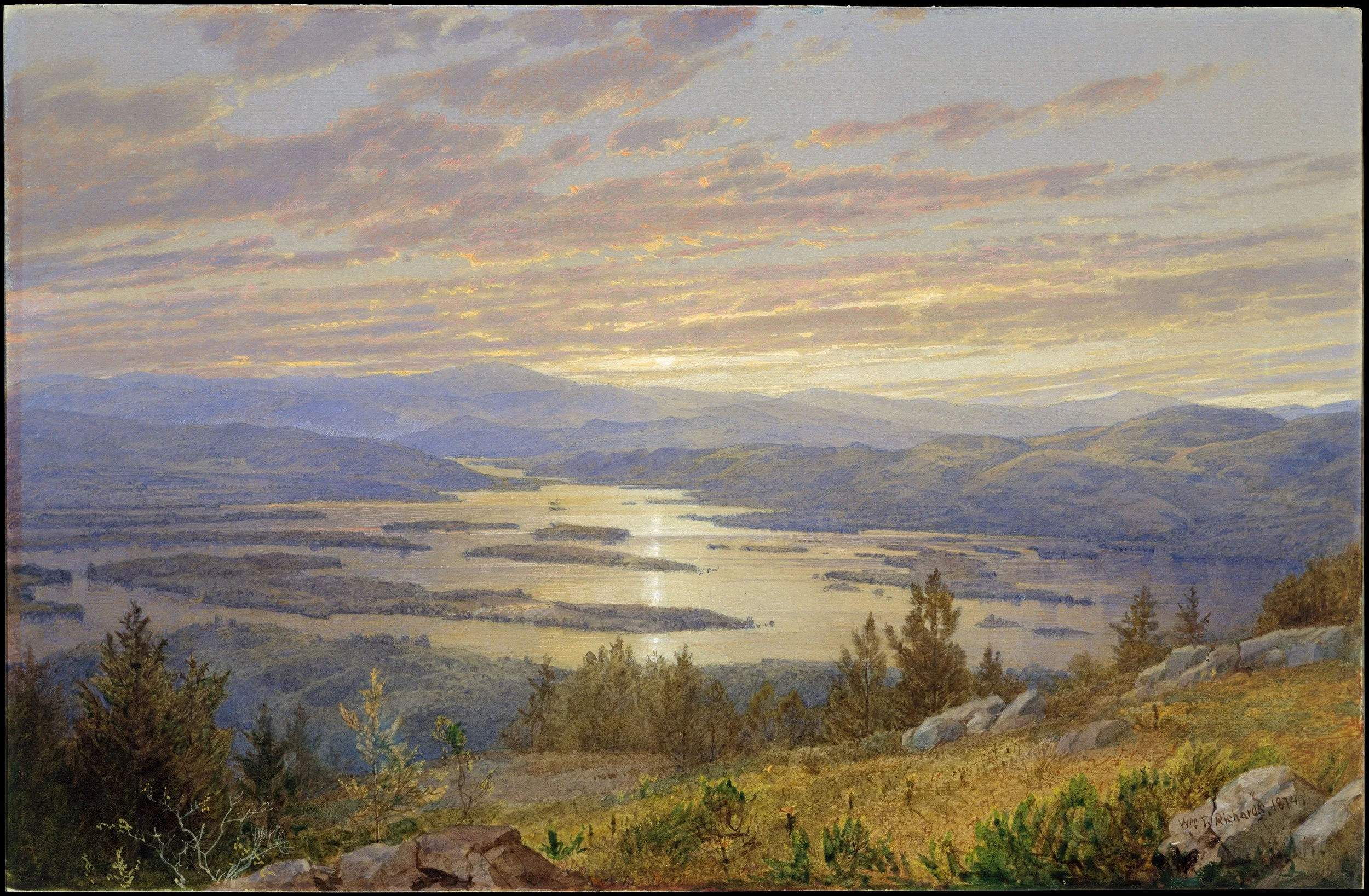 A luminous mountain and lake landscape by William Trost Richards, accompanying an article on music therapy choir participation for dementia, caregivers, social connection, emotional wellbeing, and community support.