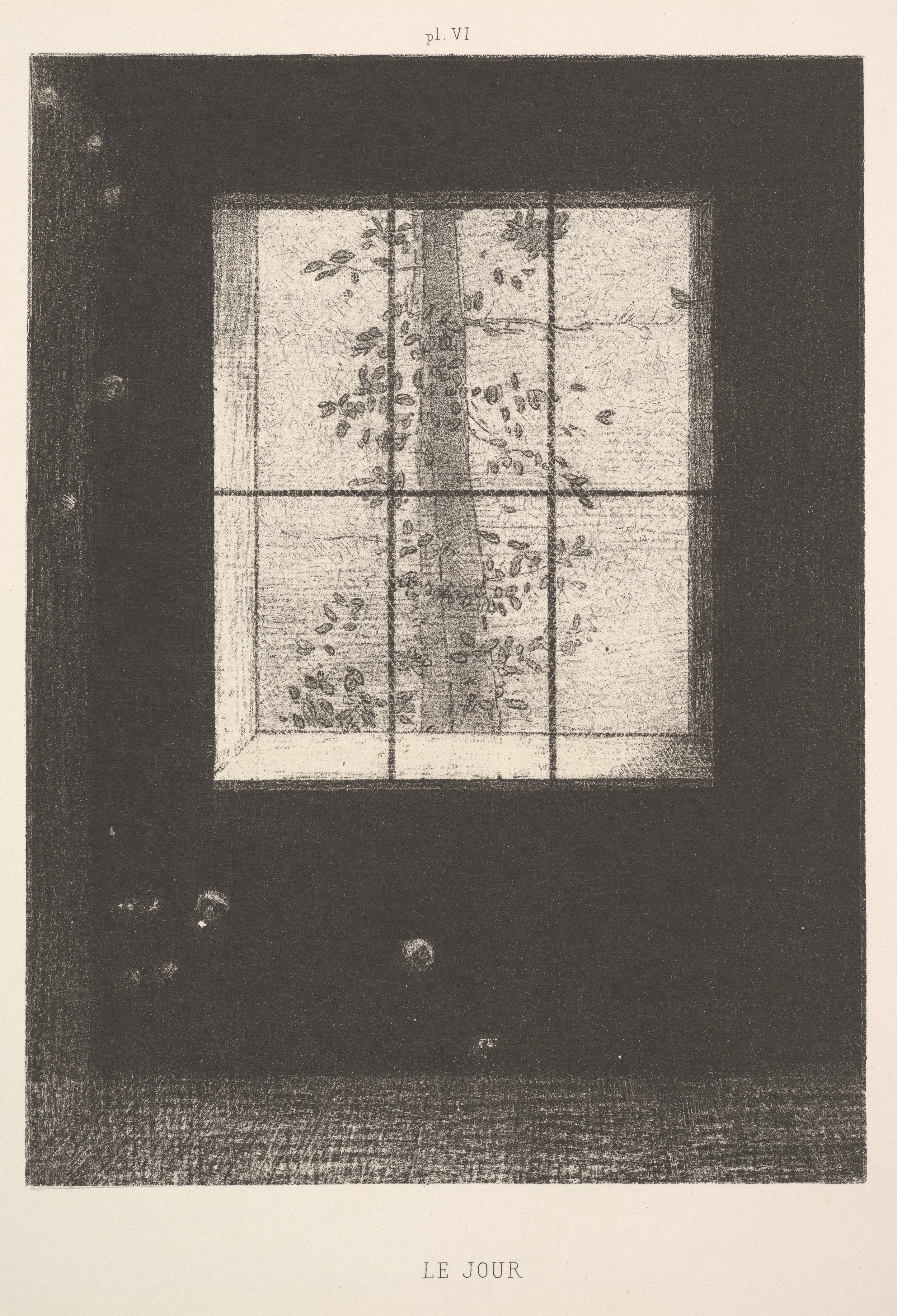 Day (Le Jour) by Odilon Redon, a quiet black-and-white image of light through a window, paired with an article about music therapy for late-life depression, older adults, reflection, and emotional well-being.