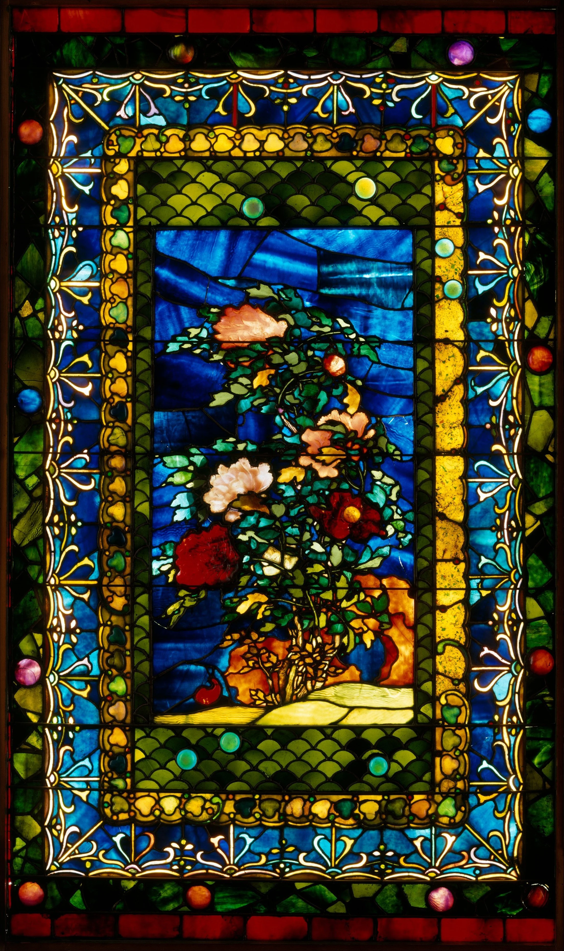 Peonies Blown in the Wind by John La Farge, public domain stained glass artwork featured in a Revival Jam music therapy research article on end-of-life care, anxiety, pain, and comfort.