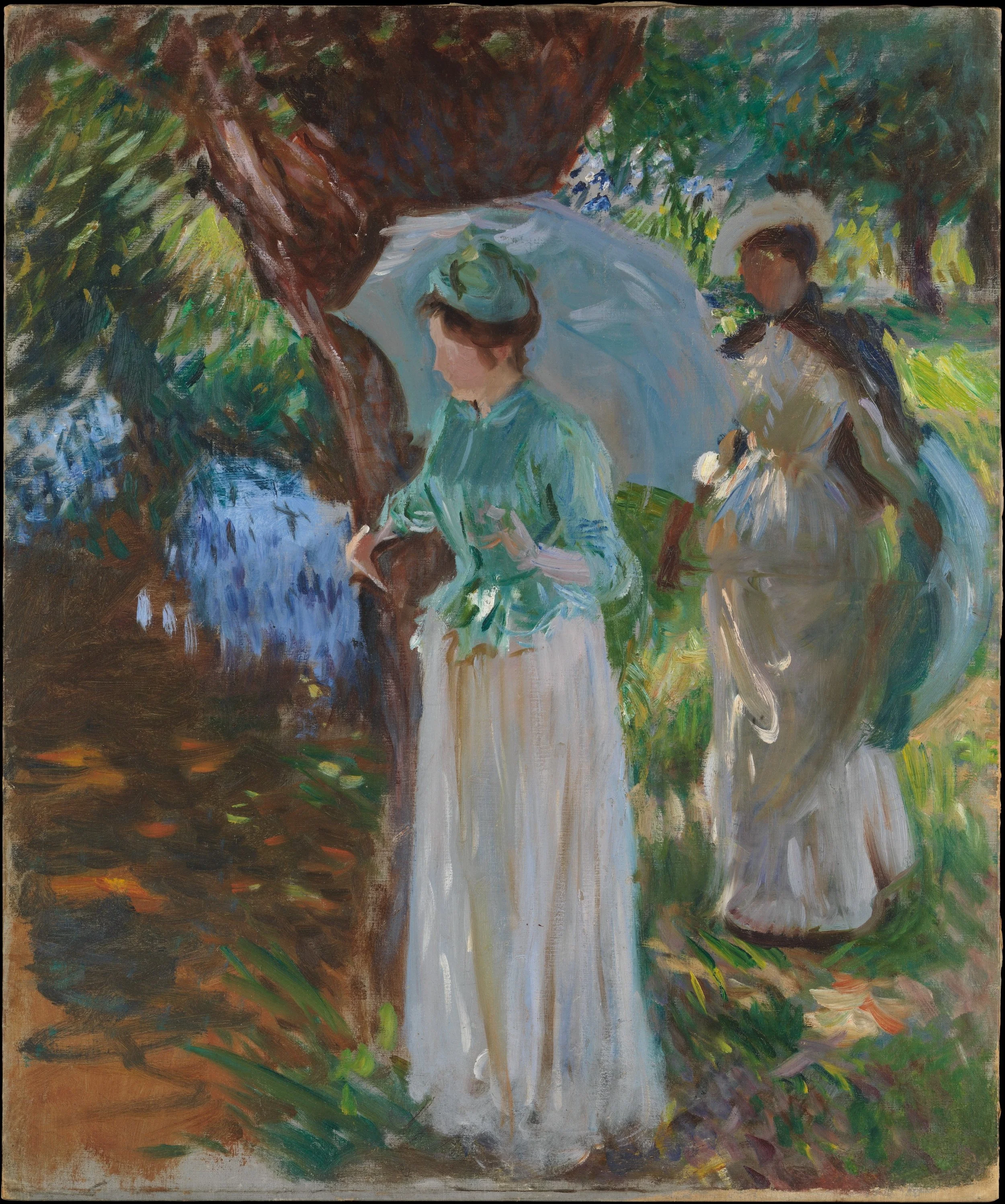 Two Girls with Parasols by John Singer Sargent, showing two women walking outdoors in a bright natural setting, used as featured artwork for an article about music therapy for Parkinson’s disease, gait, quality of life, and personalized care.