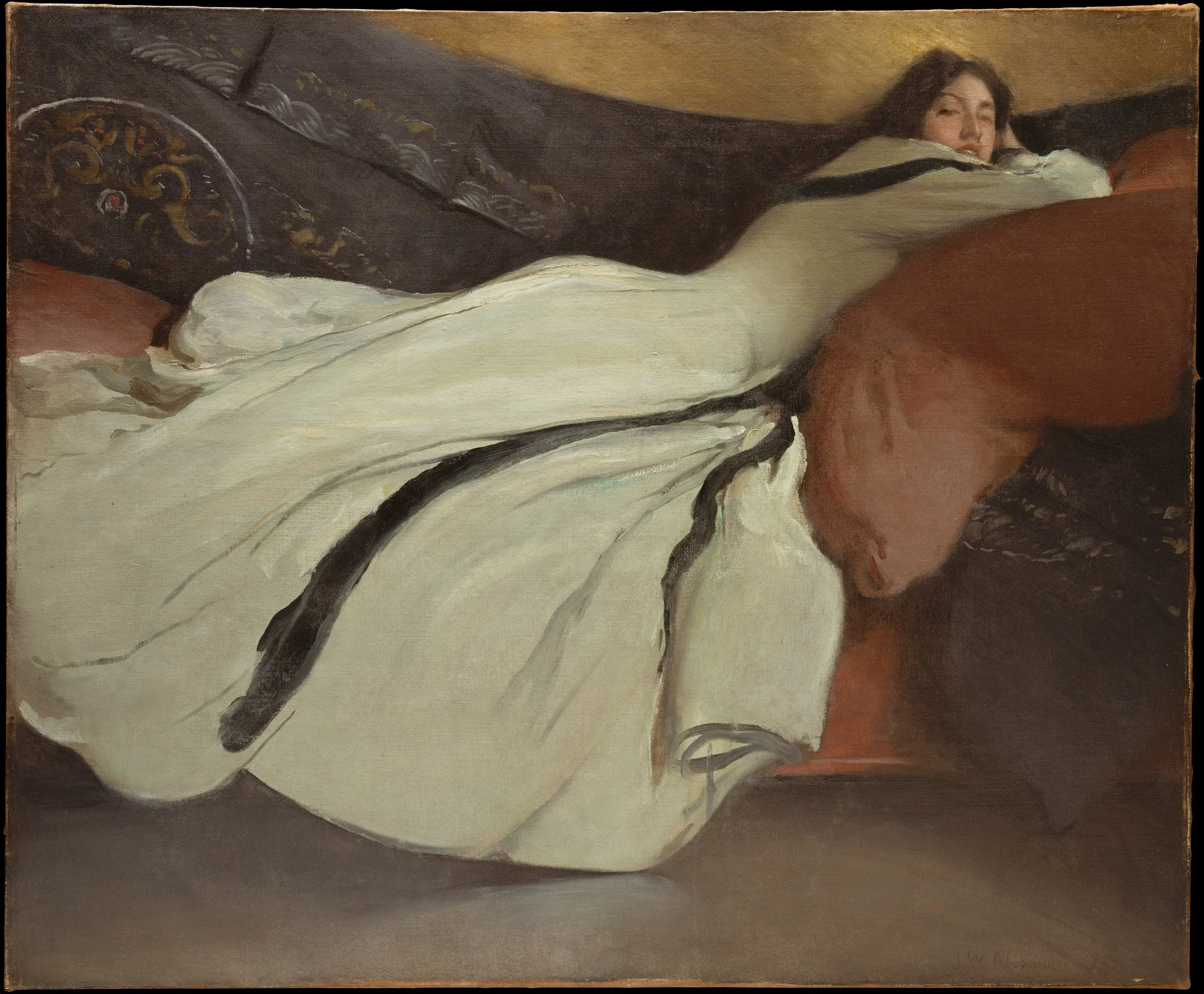 Repose by John White Alexander, showing a woman reclining across a sofa in a quiet, introspective pose, used as featured artwork for an article about music therapy for depression, emotional well-being, and mental health support.