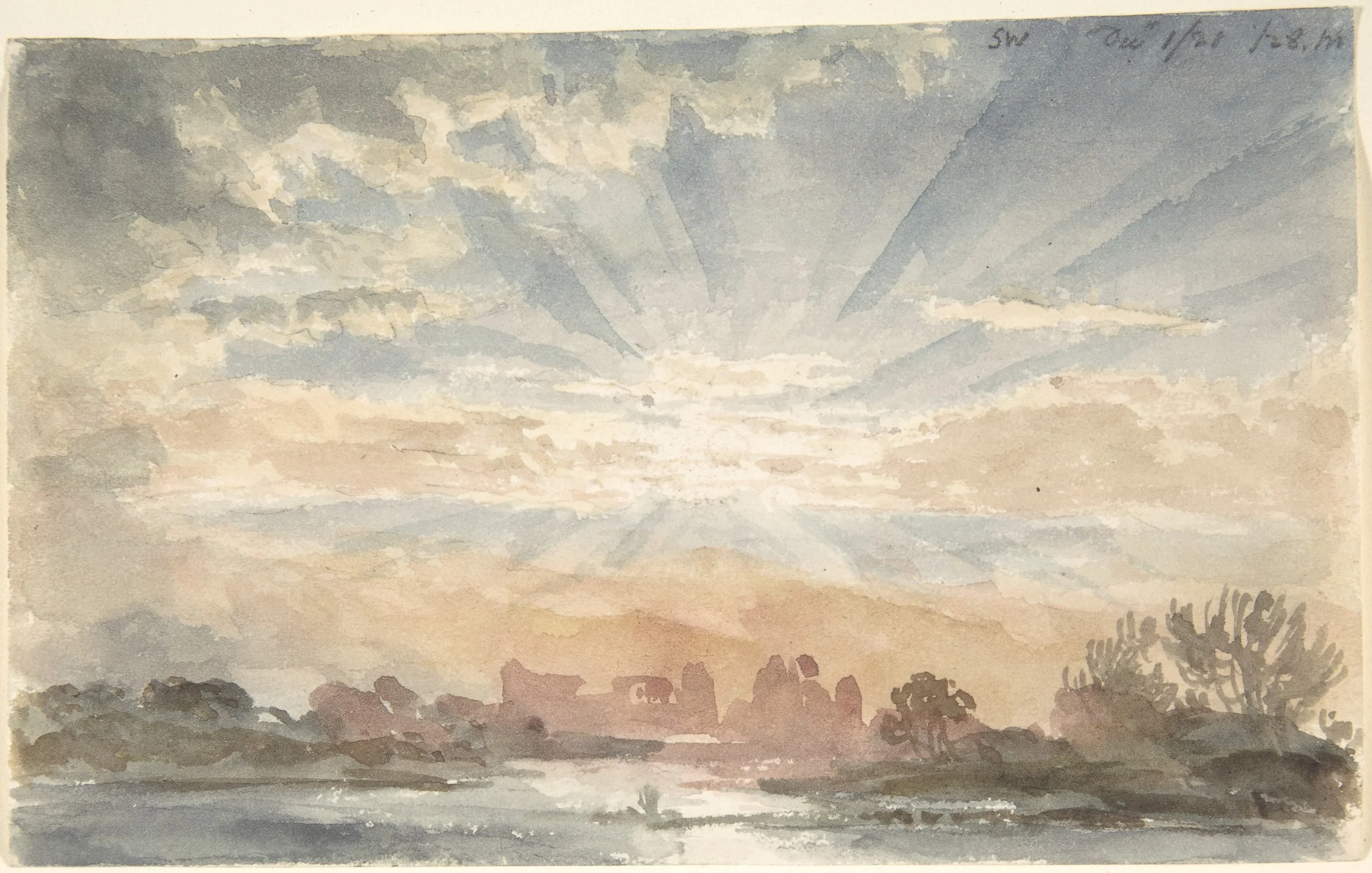 A soft sunrise landscape by Joseph Michael Gandy with light breaking through clouds over calm water and distant trees, accompanying an article on music therapy for grieving youth, trauma, bereavement, and healing.