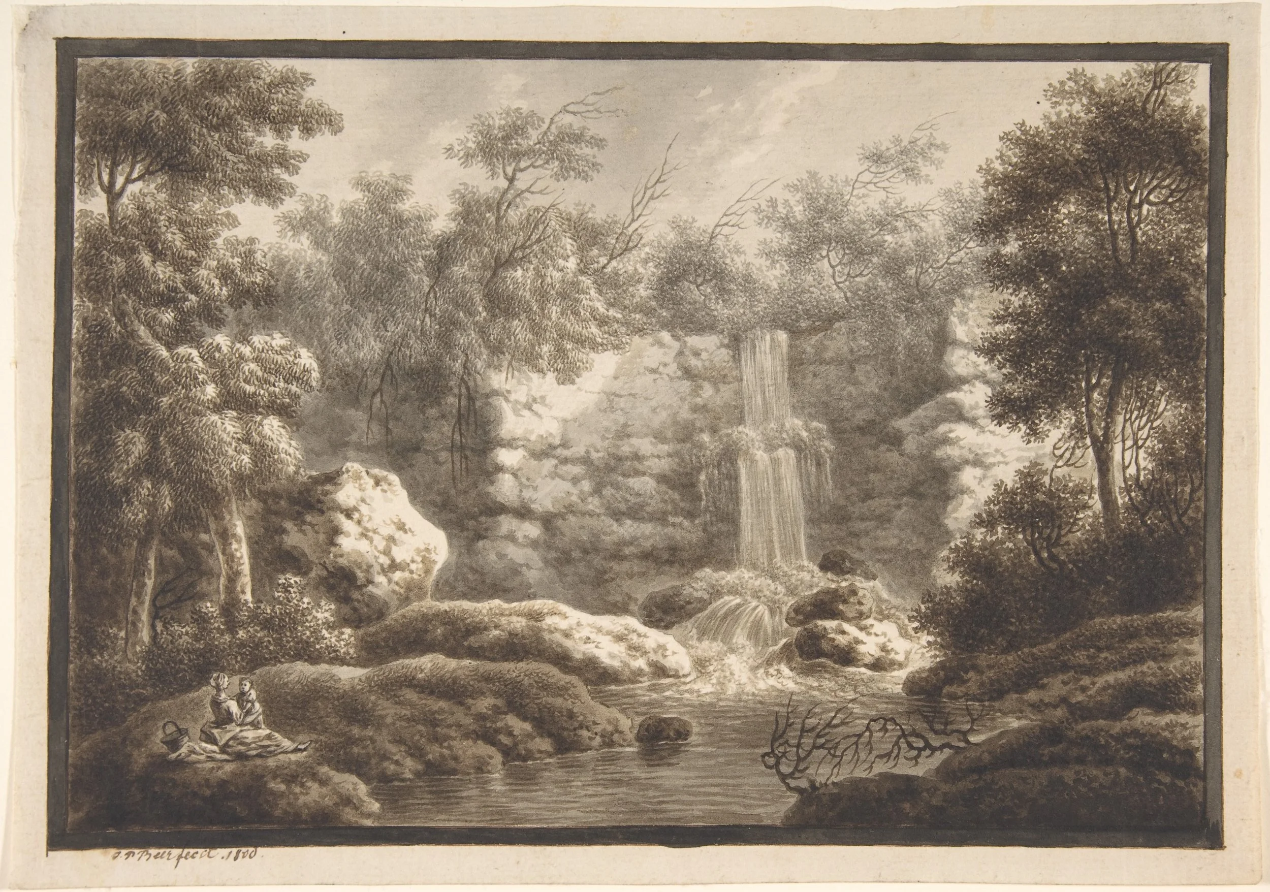 A peaceful landscape by Johann Peter Beer showing a waterfall and a mother with child, accompanying an article on music therapy, parent-child attachment, bonding, co-regulation, and early childhood relationship support.