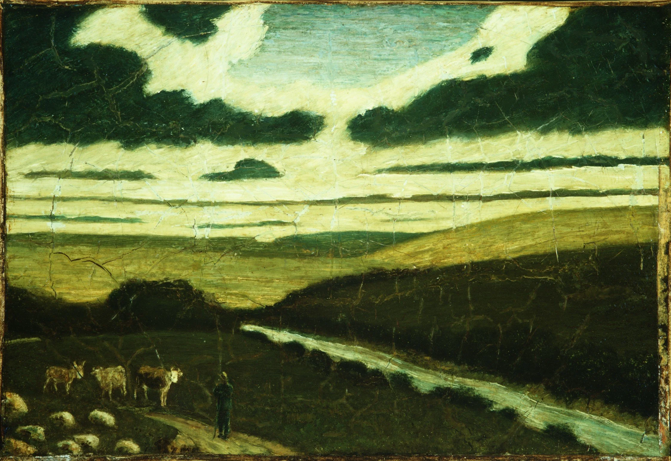 Landscape by Albert Pinkham Ryder, a moody pastoral scene with a winding river and open sky, paired with an article about music therapy for psychological trauma, emotion regulation, and recovery.