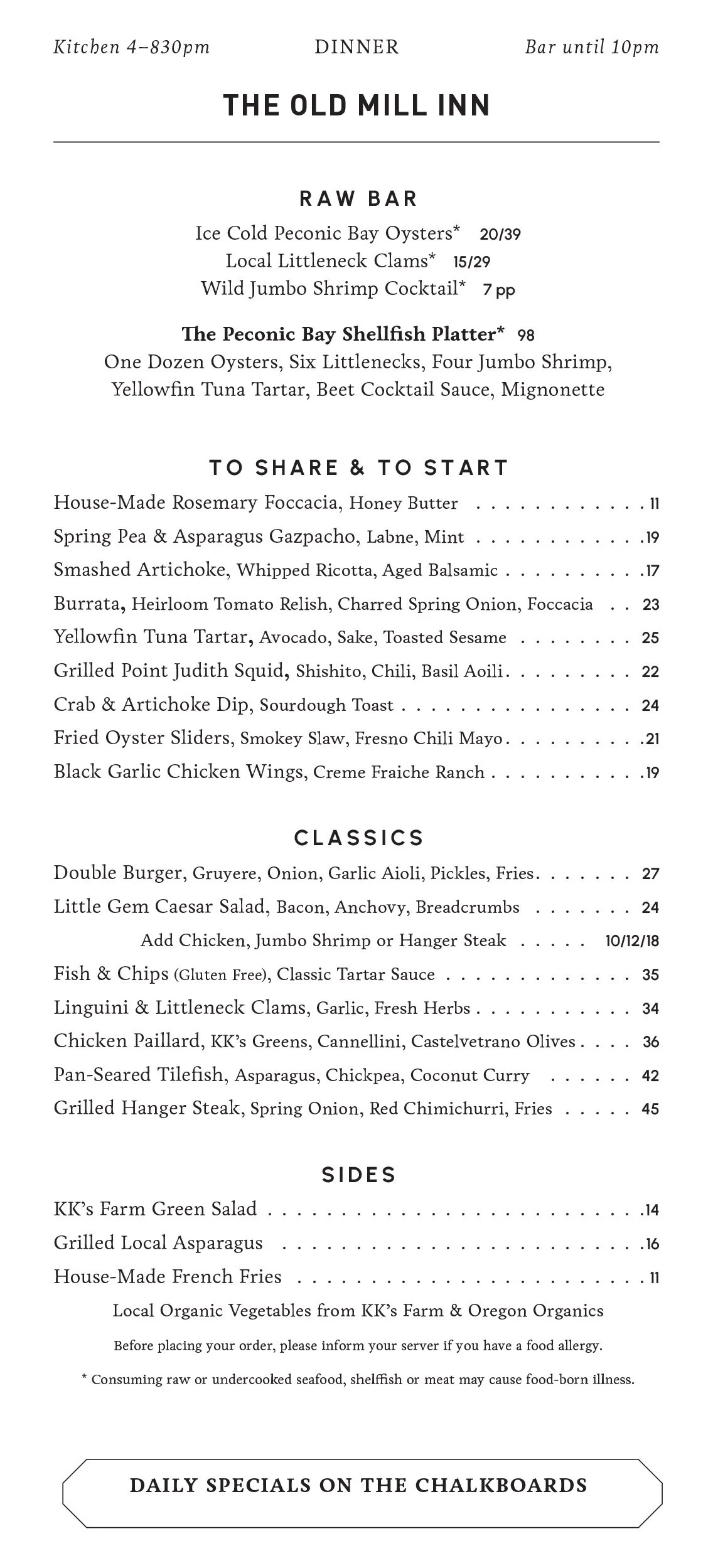 Menus — Old Mill Inn