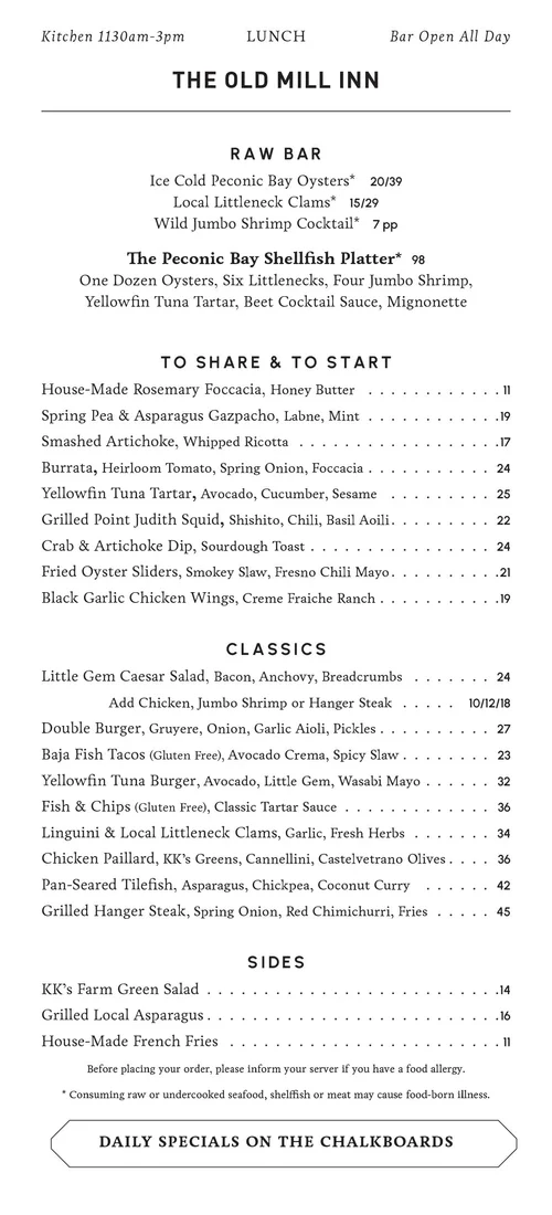 Menus — Old Mill Inn