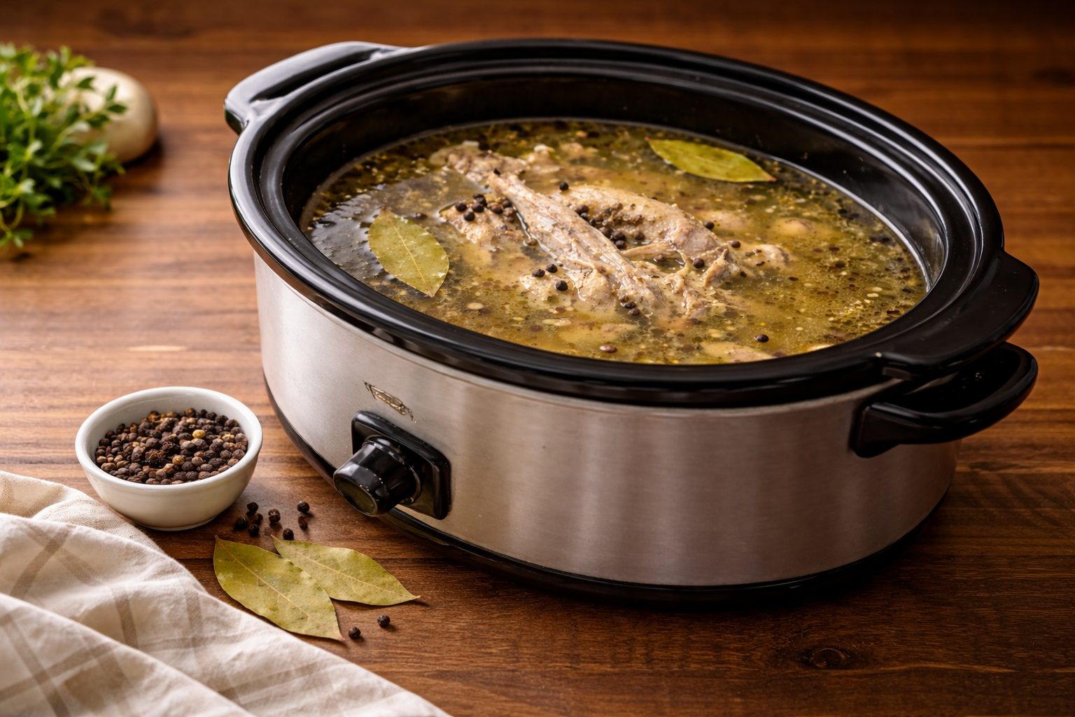chicken bone broth simmering slow cooker