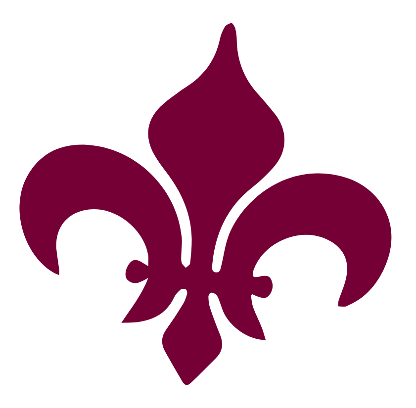 A maroon fleur-de-lis symbol on a black background.