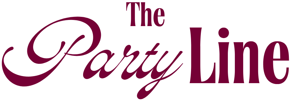 The image displays the phrase "The Party Line" in stylized purple text, with "The" in small font above "Party" and "Line," which are in larger, cursive and bold fonts, respectively.