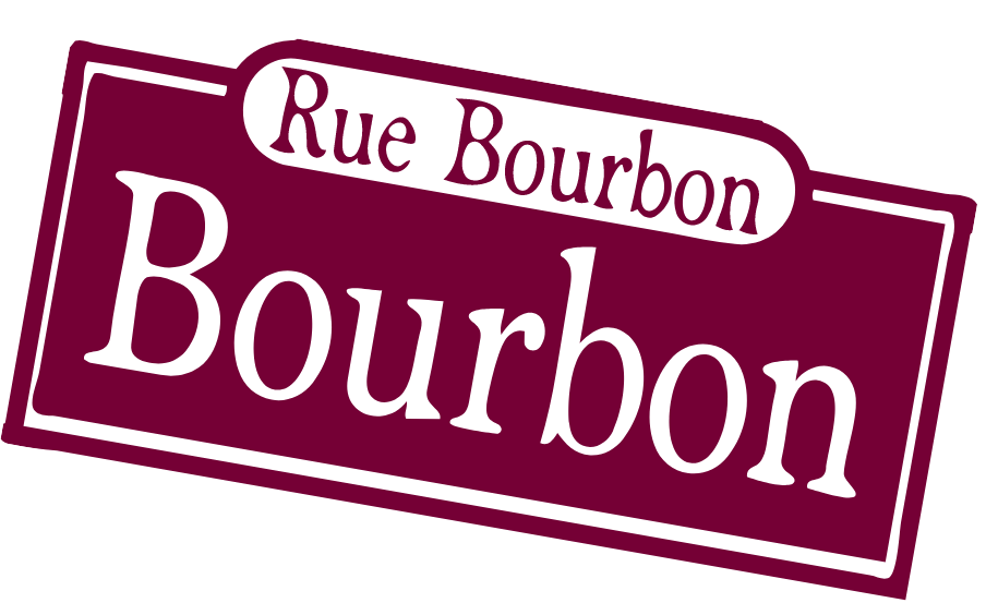 Street sign reading 'Rue Bourbon' and 'Bourbon' in purple and black colors.