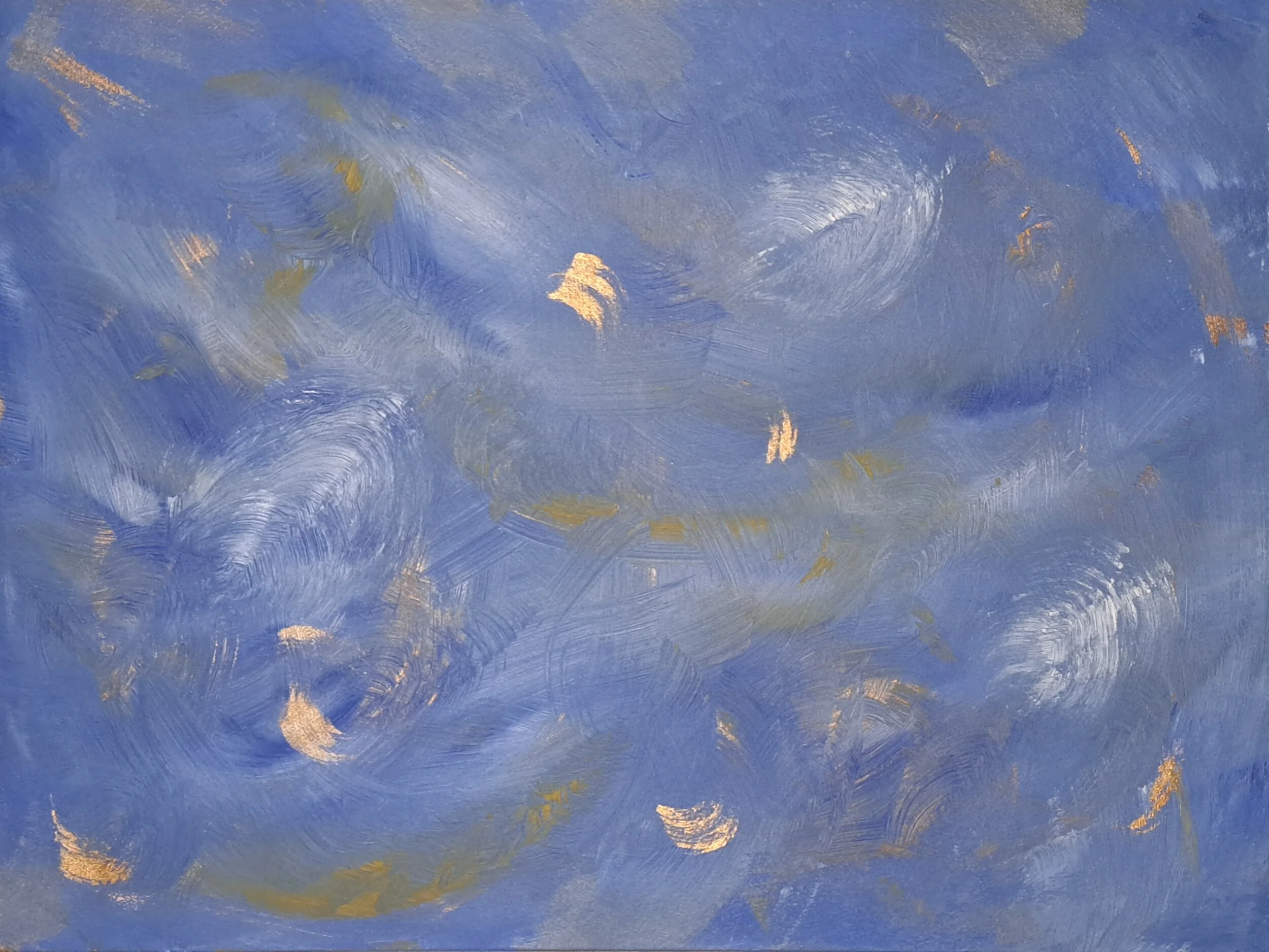 An abstract painting with swirling brushstrokes in blue, with accents of gold and white.