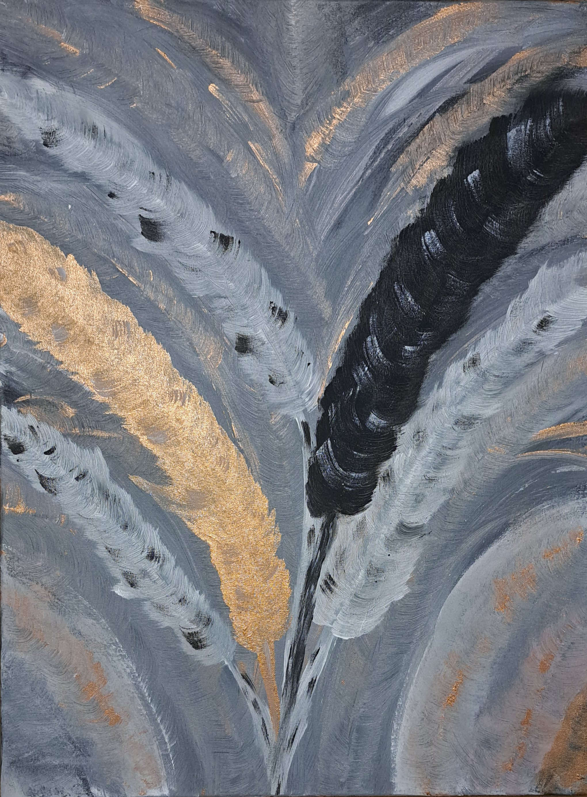 Shimmer Resplendence -

Black, white and golden feathers, express the vision of this art piece. It screams sophistication, exquisiteness, luxury and drama. An intensely beautiful masterpiece for the onlooker to not only gaze upon, but be captivated a