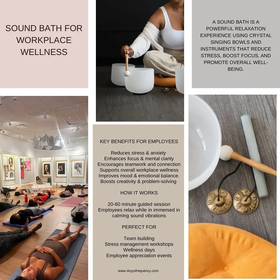 Elevate workplace wellness with the power of sound because a balanced team is a productive team. ✨

#soundhealing #workplacewellness #denver #wellness #skyysfrequency #mentalhealth #soundhealing #teambuilding #employeewellness