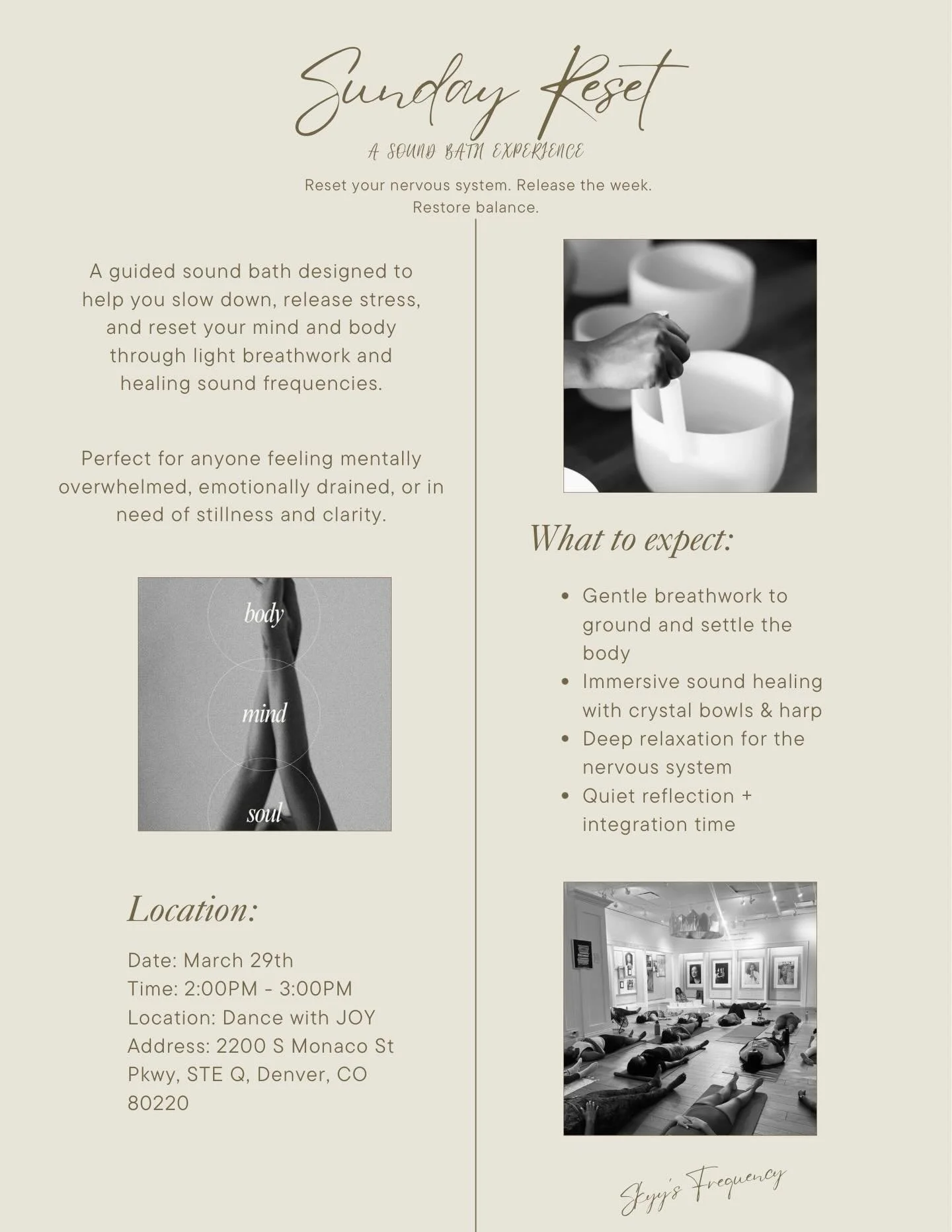 Sunday Reset ✨

If your nervous system has been on go all week&hellip; this is your invitation to pause.

Join me March 29th for a guided sound bath designed to help you release stress, clear mental fog, and come back to yourself. We&rsquo;ll move th