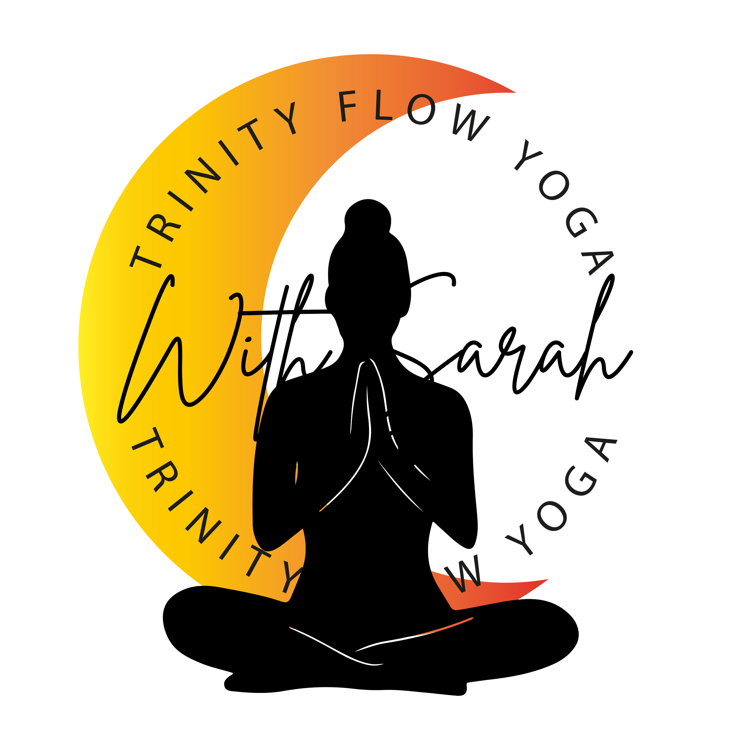 Logo for 'With Sarah' yoga and training service featuring a silhouette of a woman in a meditative yoga pose, with a stylized semi-circle background in yellow to orange gradient, and circular text that reads 'Transform Your Yoga' and 'Training'.