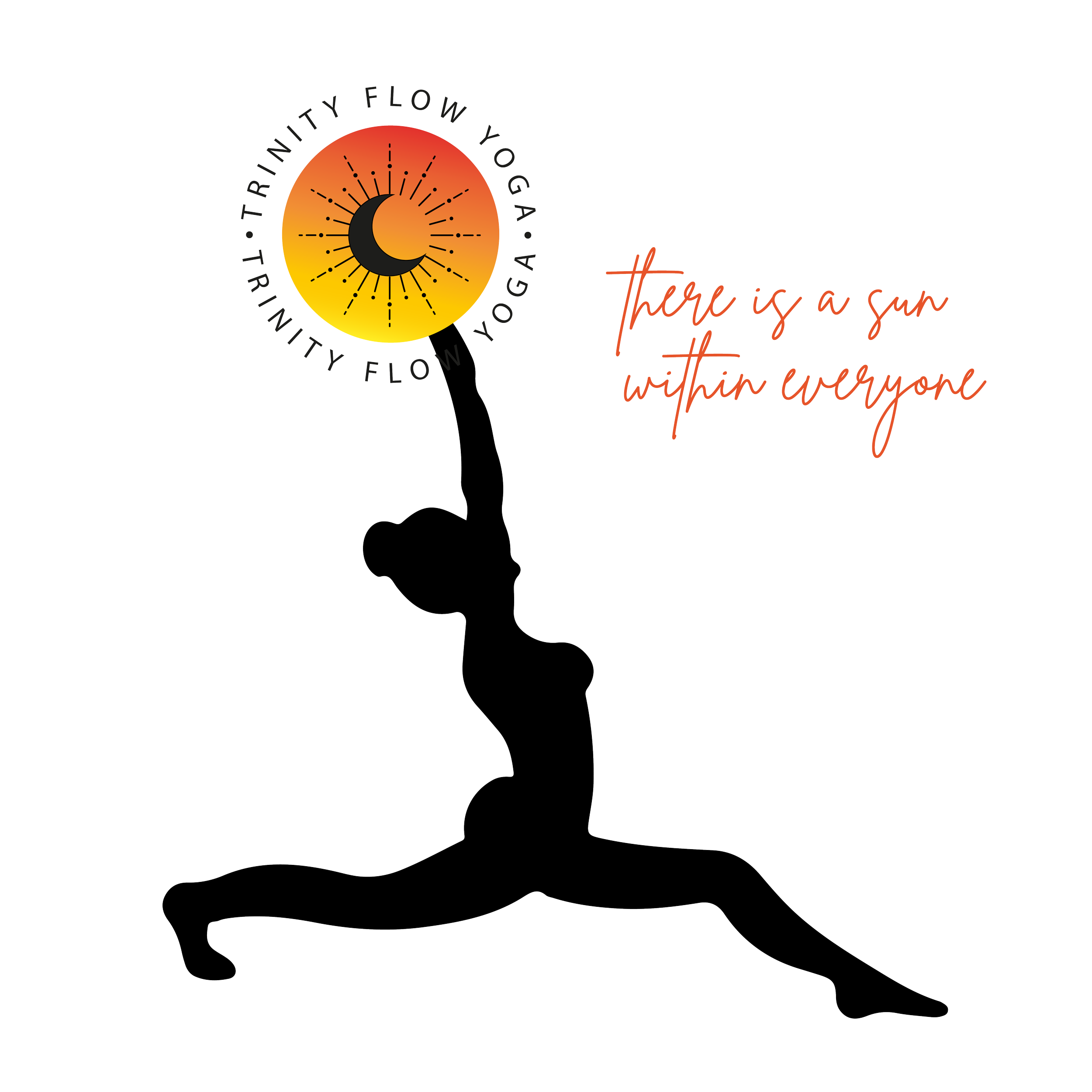 A person in a yoga pose holding a sun-shaped object with a sun and moon symbol and the words 'Trinity Flow Yoga' surrounding it. The image features the quote 'there is a sun within everyone' in cursive text.