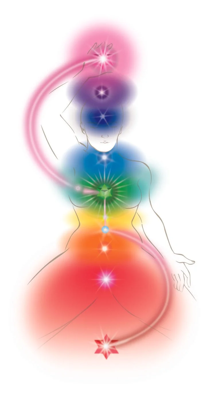 Line drawing of a woman with chakra symbols aligned along her body, each chakra depicted with vibrant colors and radiating light, symbolizing energy centers.
