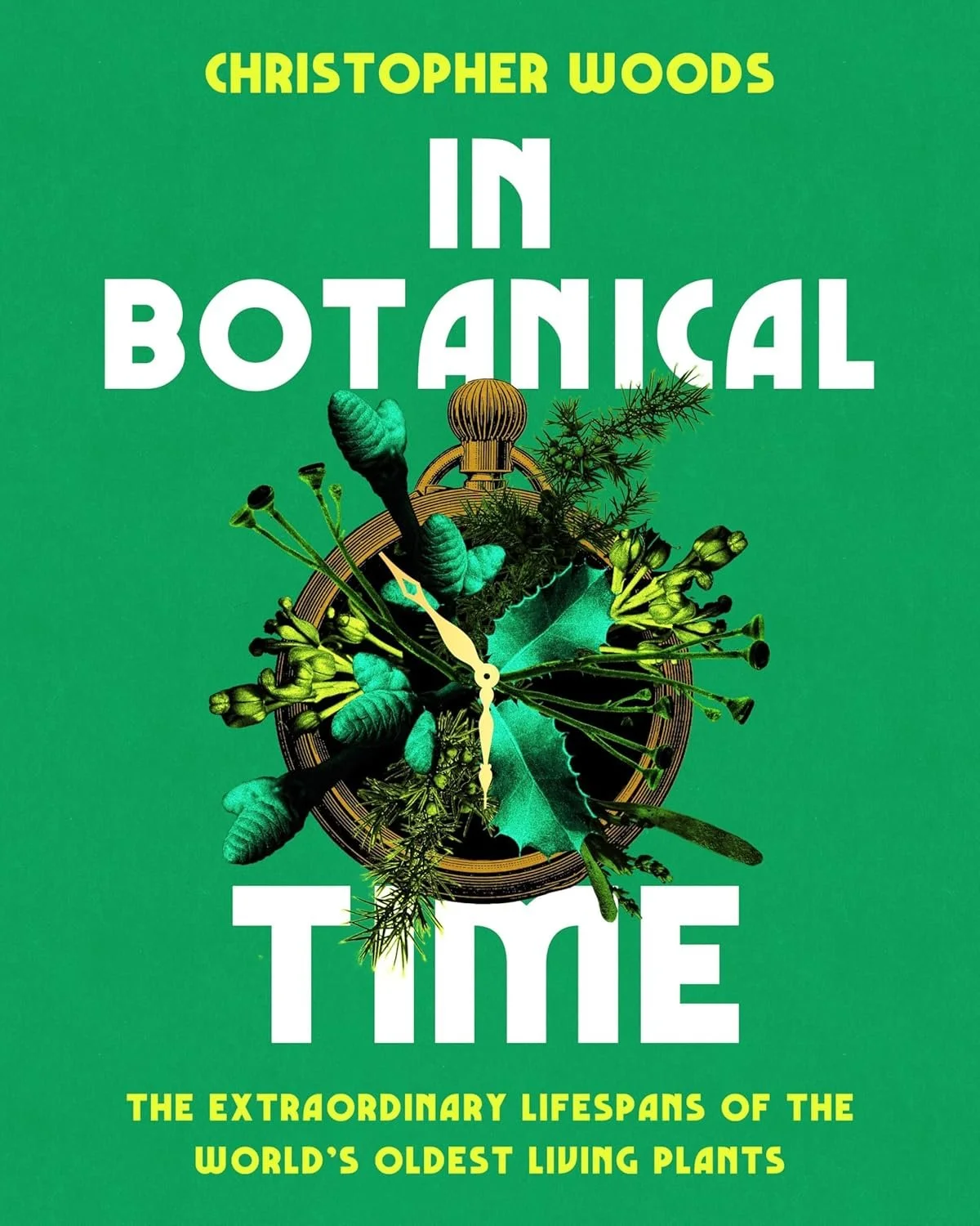 In Botanical Time book cover: plants growing from a bronze pocket watch