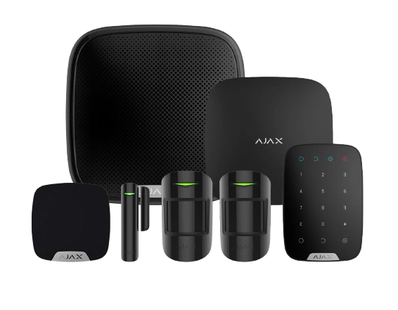 Home security alarm system components including a control panel, motion sensors, door/window sensors, and remote key fob, all branded Ajax.