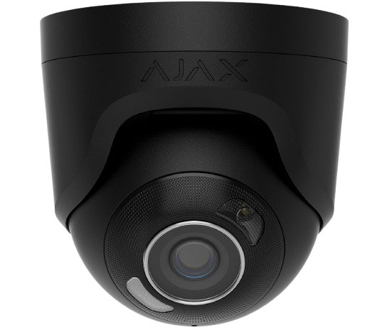 Security camera with a black dome design, labeled 'AJAX'.
