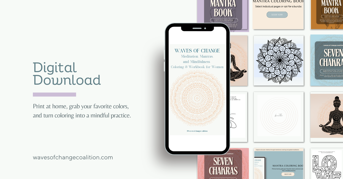 A digital download promotion for meditation and coloring workbook titled "Waves of Change" for women, featuring a smartphone displaying the book cover and various other coloring books on the background.
