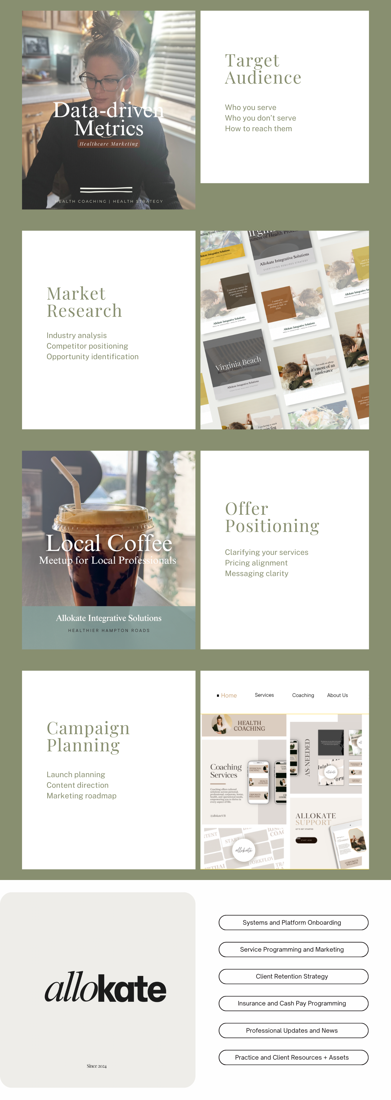 A collage of presentation slides and promotional content for healthcare marketing, market research, and coaching services, including target audience analysis, campaign planning, and service offerings.