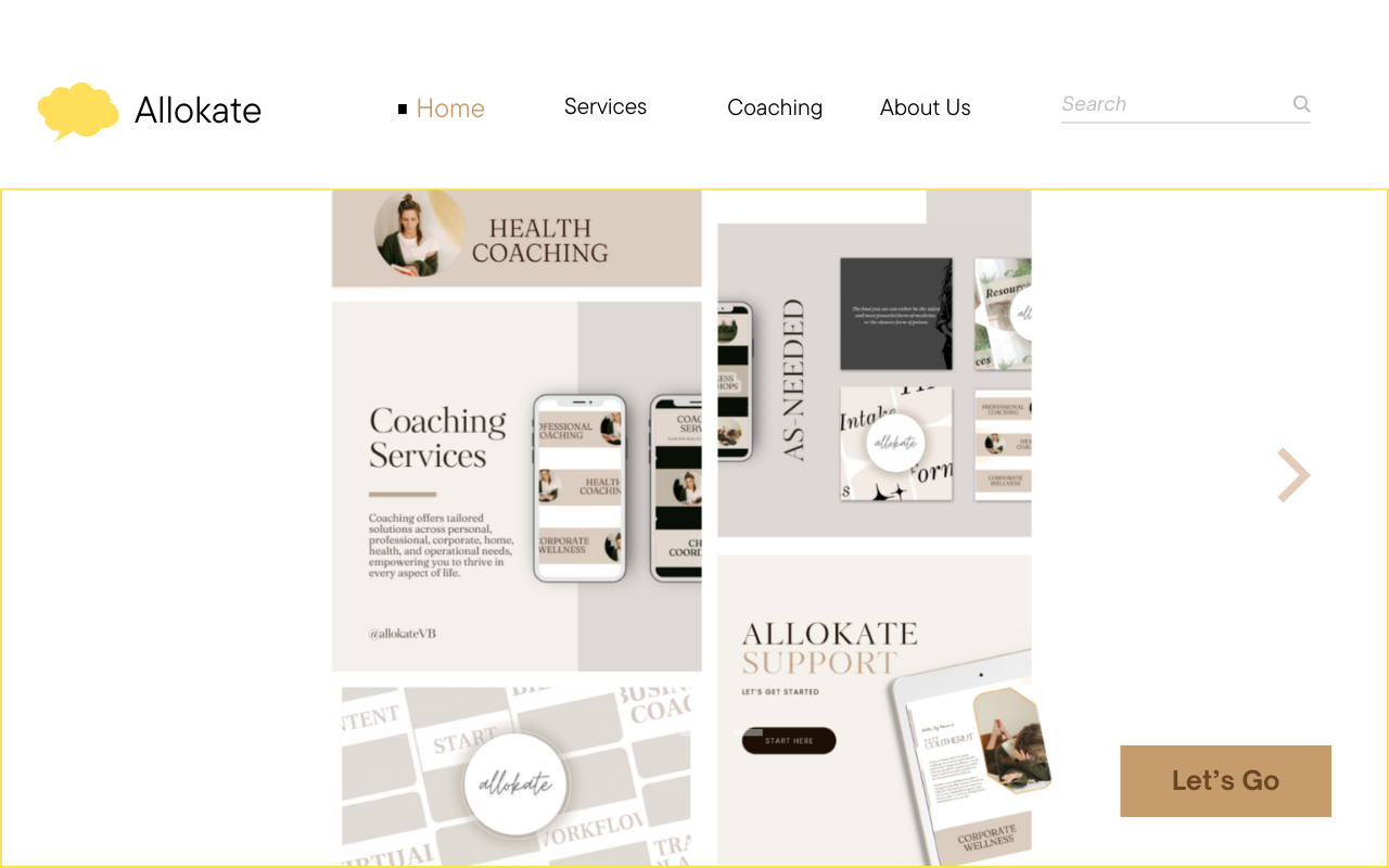 Screenshot of a website homepage for Allokate, featuring coaching services, health coaching, and support options, with navigation menu including Home, Services, Coaching, and About Us, and a 'Let's Go' button.