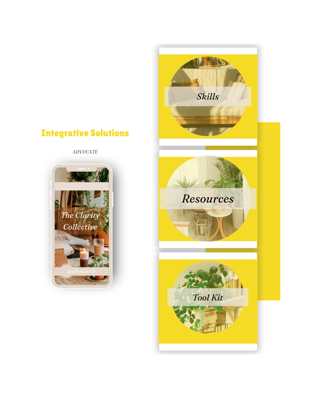 Infographic showing sections labeled Skills, Resources, and Tool Kit with a mobile phone displaying 'The Clarity Collective' and the handle '@allokateVB', all on a white background with yellow accents.