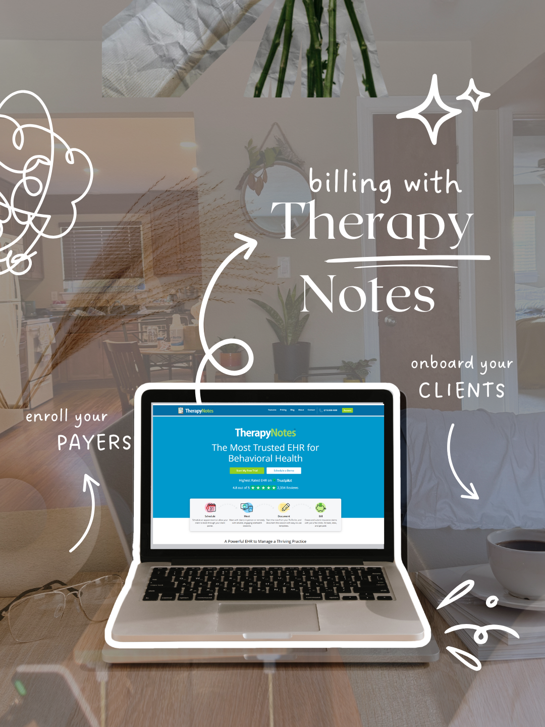 A laptop on a wooden table displaying an electronic health record platform called TherapyNotes, with handwritten-style annotations pointing to features like billing with therapy notes, onboarding clients, enrolling payers, and the laptop screen showing the TherapyNotes website.