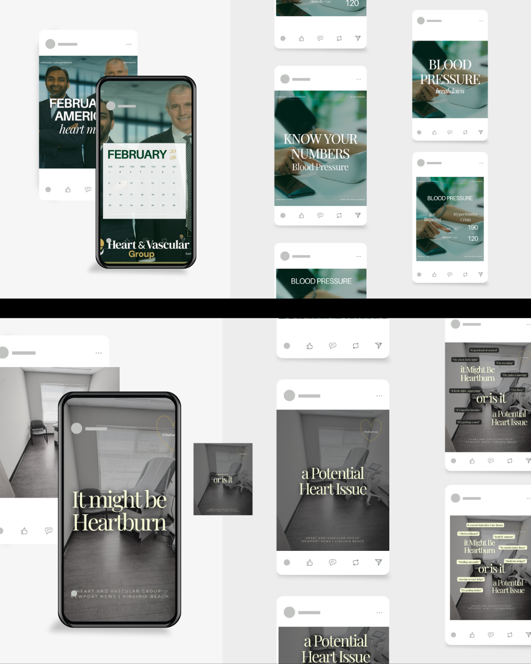 Collage of medical social media posts discussing heart health, blood pressure, and potential heart issues, with images of doctors, charts, and clinic rooms.