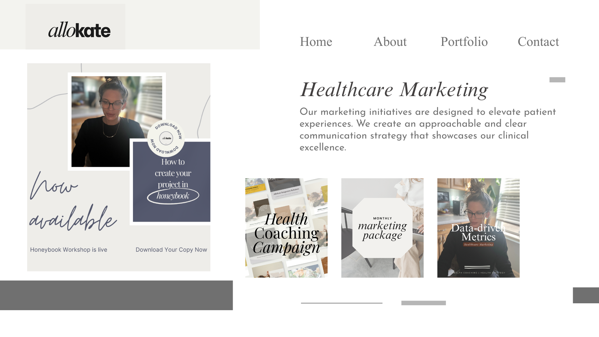 Website homepage for Allokate with navigation menu and sections on healthcare marketing, with images and text about campaigns, packages, and metrics.