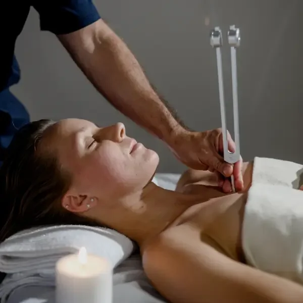Woman receiving a body treatment with a specialized device during a spa or wellness session, with a candle visible in the foreground.
