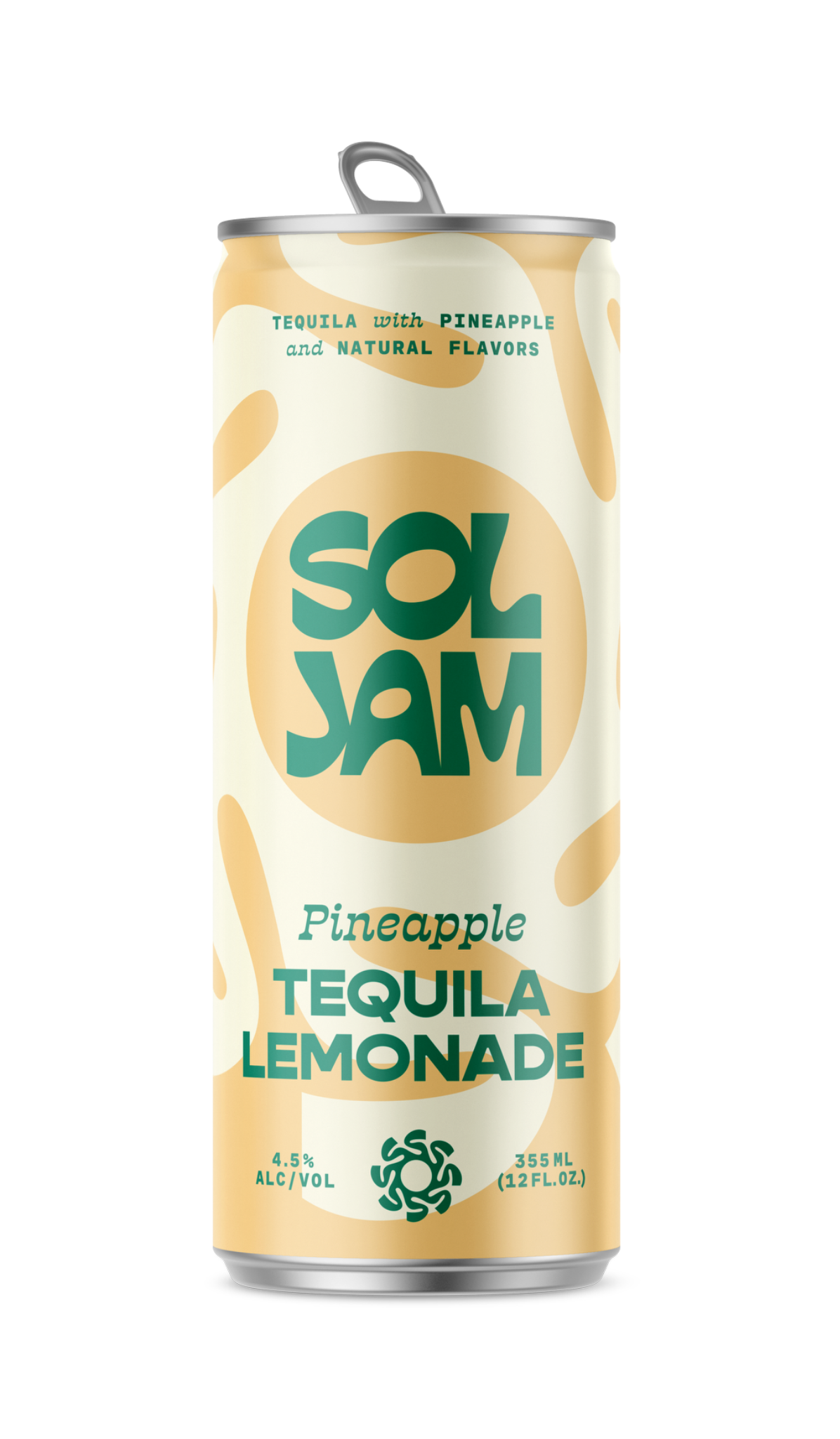 A can of Sol Jam pineapple tequila lemonade, 355 milliliters, 4.5% alcohol, with a light beige and green design and a pop-top lid.