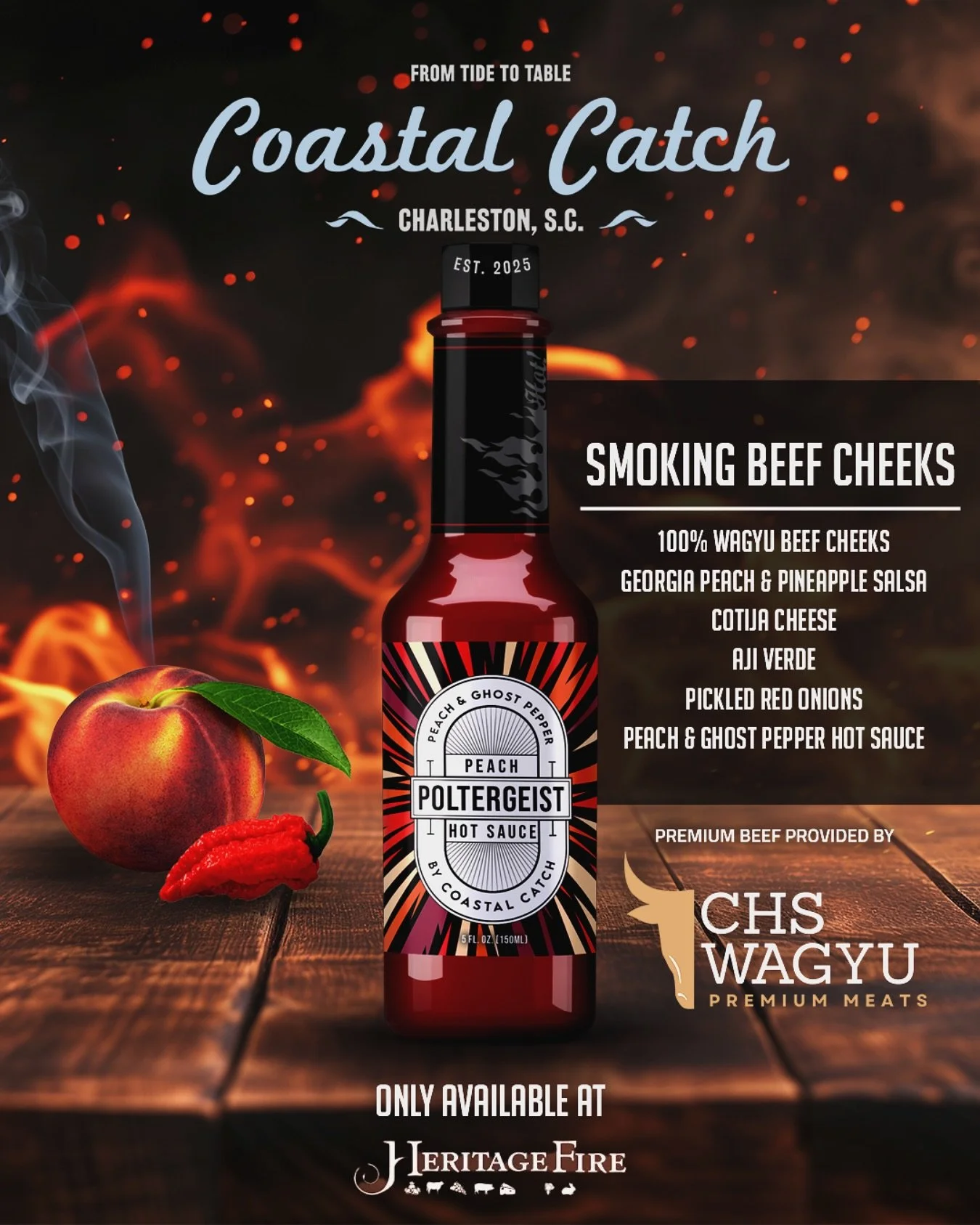 🚨🔥 We&rsquo;re Bringing The Heat To Savannah! 🔥🚨

Coastal Catch teamed up with @chswagyu for the legendary @heritagefiretour ..this dish brings smoke and soul to the Lowcountry.

💨 Smoking Beef Cheeks
🥩 100% Wagyu layered with
🍑 Georgia peach 
