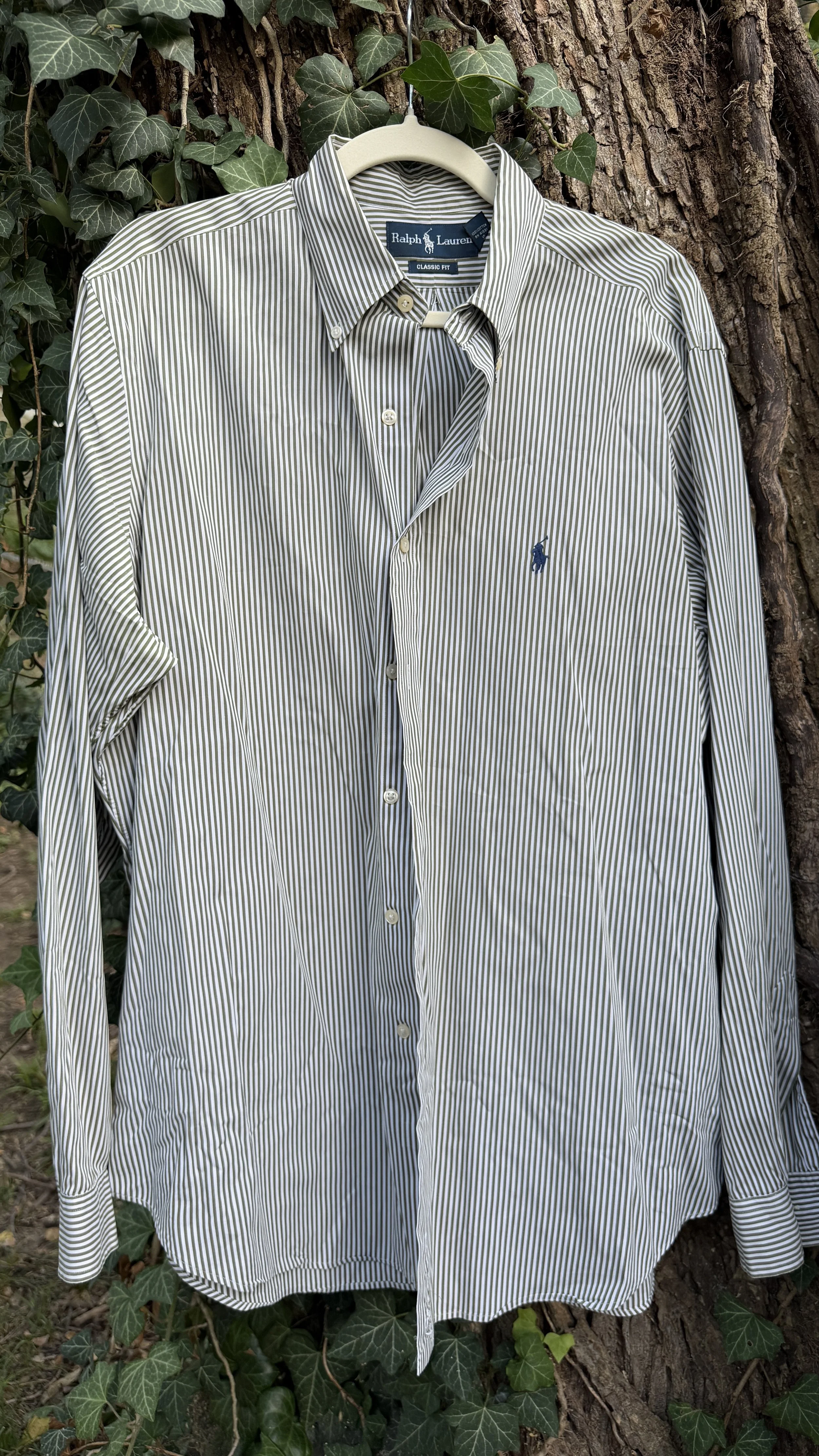 Vintage Ralph Lauren Olive Pinstripe Button-Down (Classic Fit)