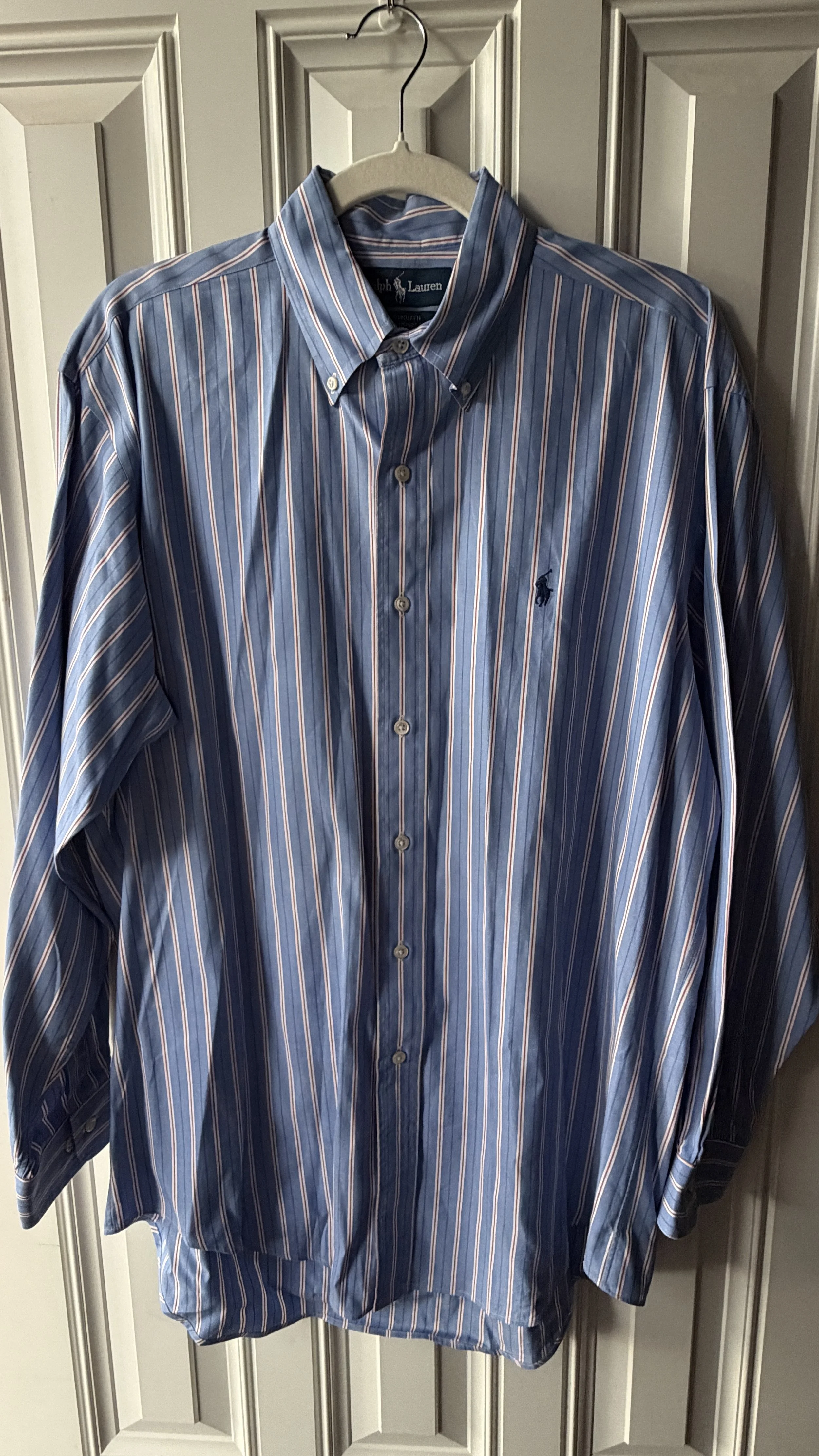 Vintage Ralph Lauren Blue, White & Red Stripe Button-Down (Yarmouth Fit, Navy Pony)