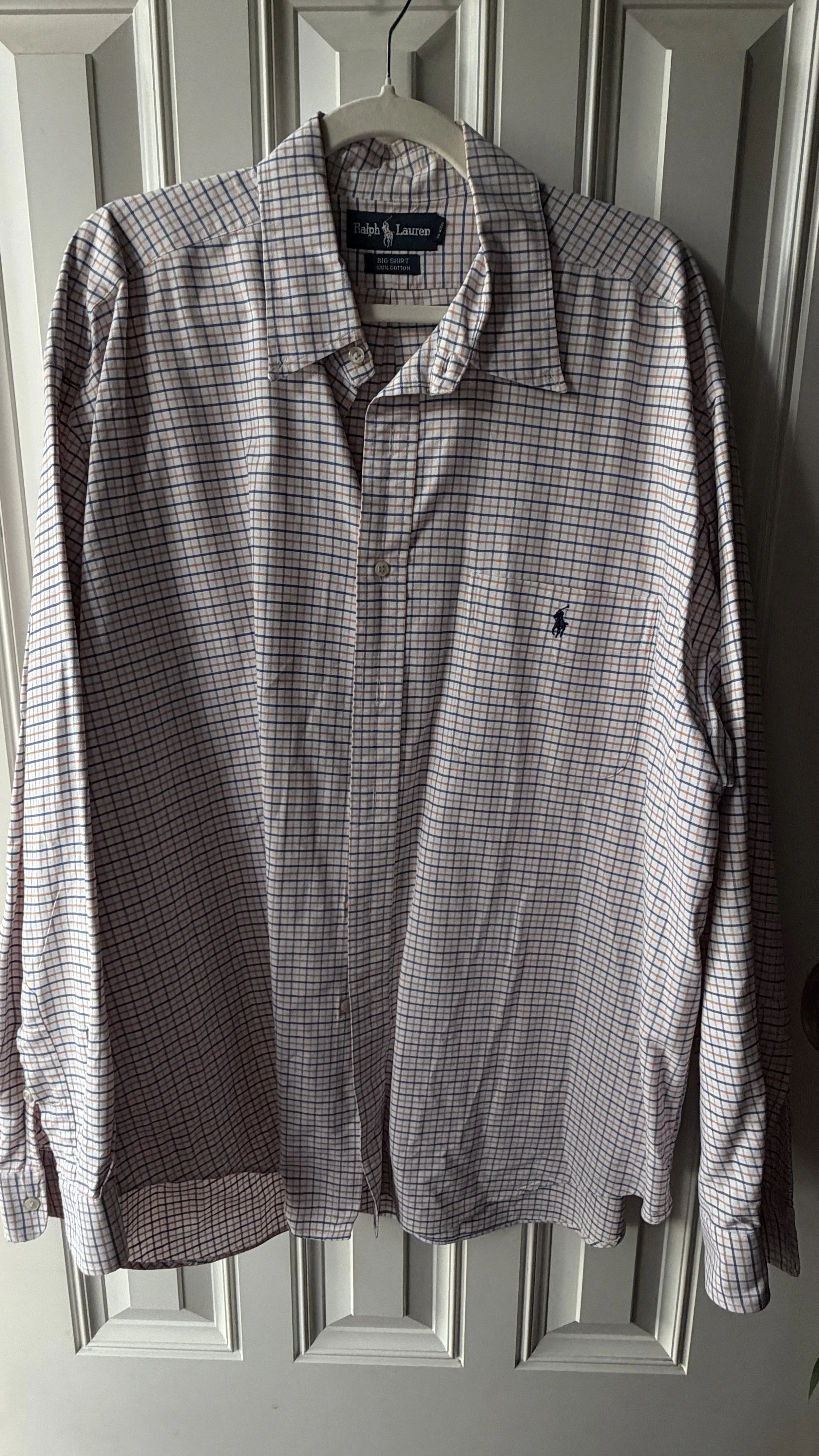 Vintage Ralph Lauren Cream, Blue & Orange Plaid Button-Down (Big Shirt, Navy Pony)