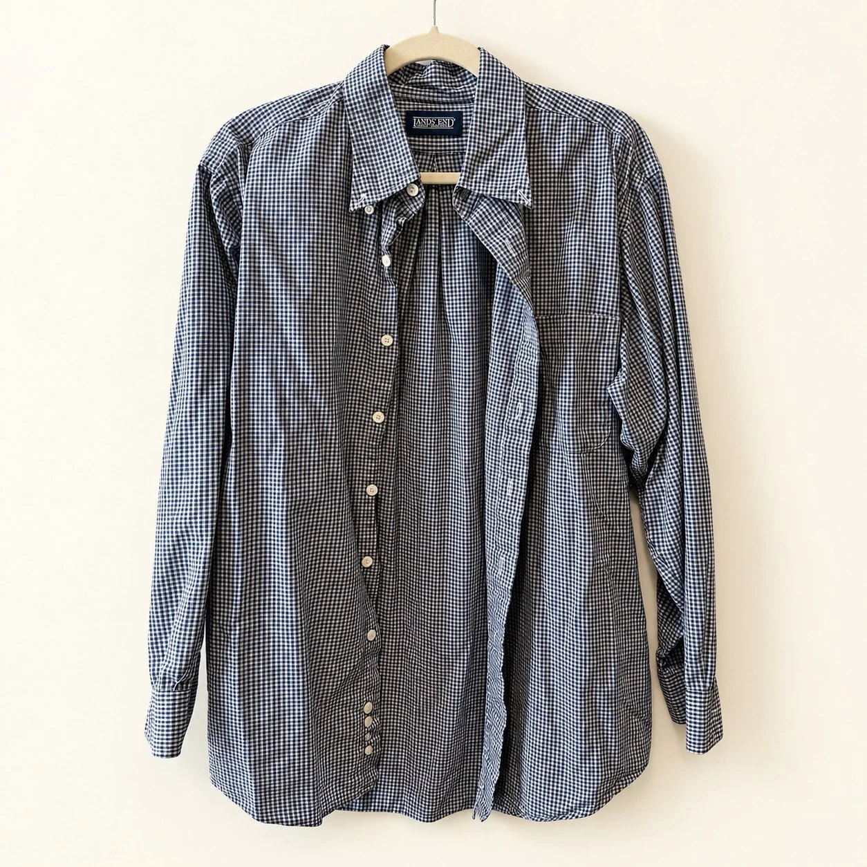 Lands' End Navy Gingham Button-Down