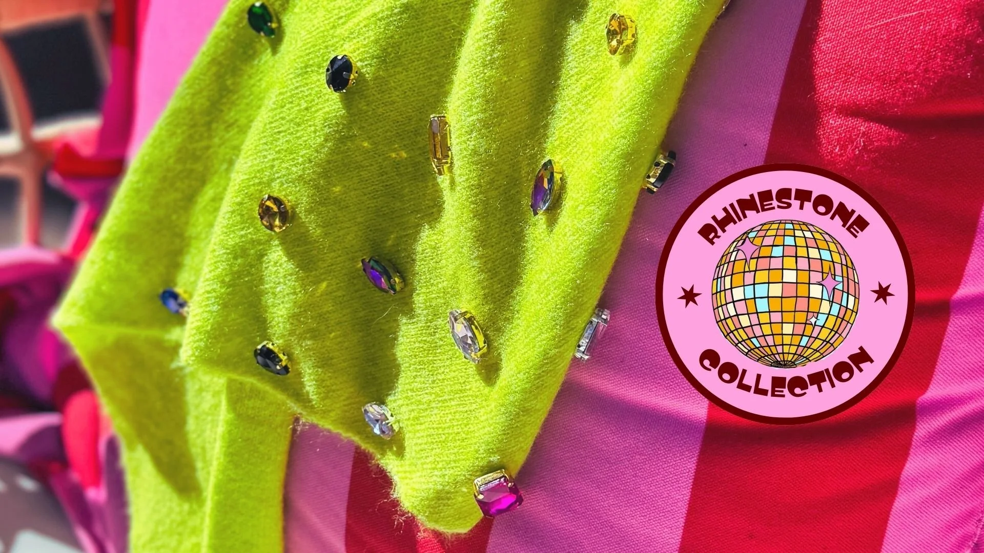 Rhinestone embellished green triangle scarf in soft wool blend with mixed jewel tone crystals, disco inspired statement neck accessory