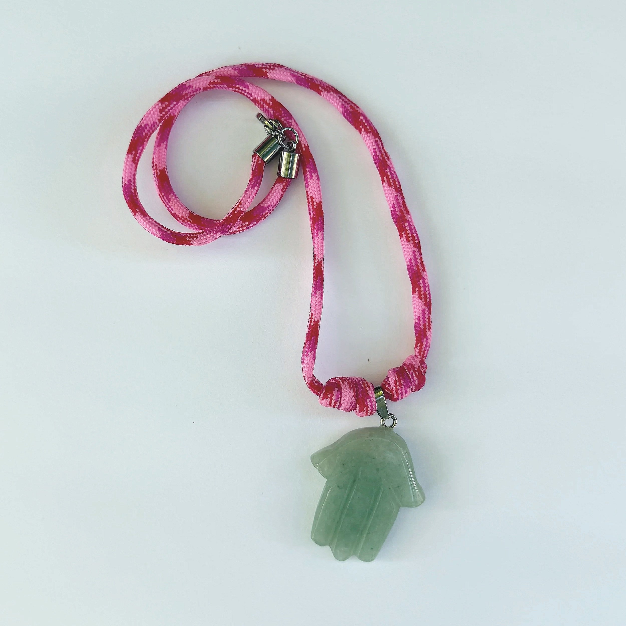 Paracord Hamsa Charm Necklace - Neon Strawberry Green Aventurine