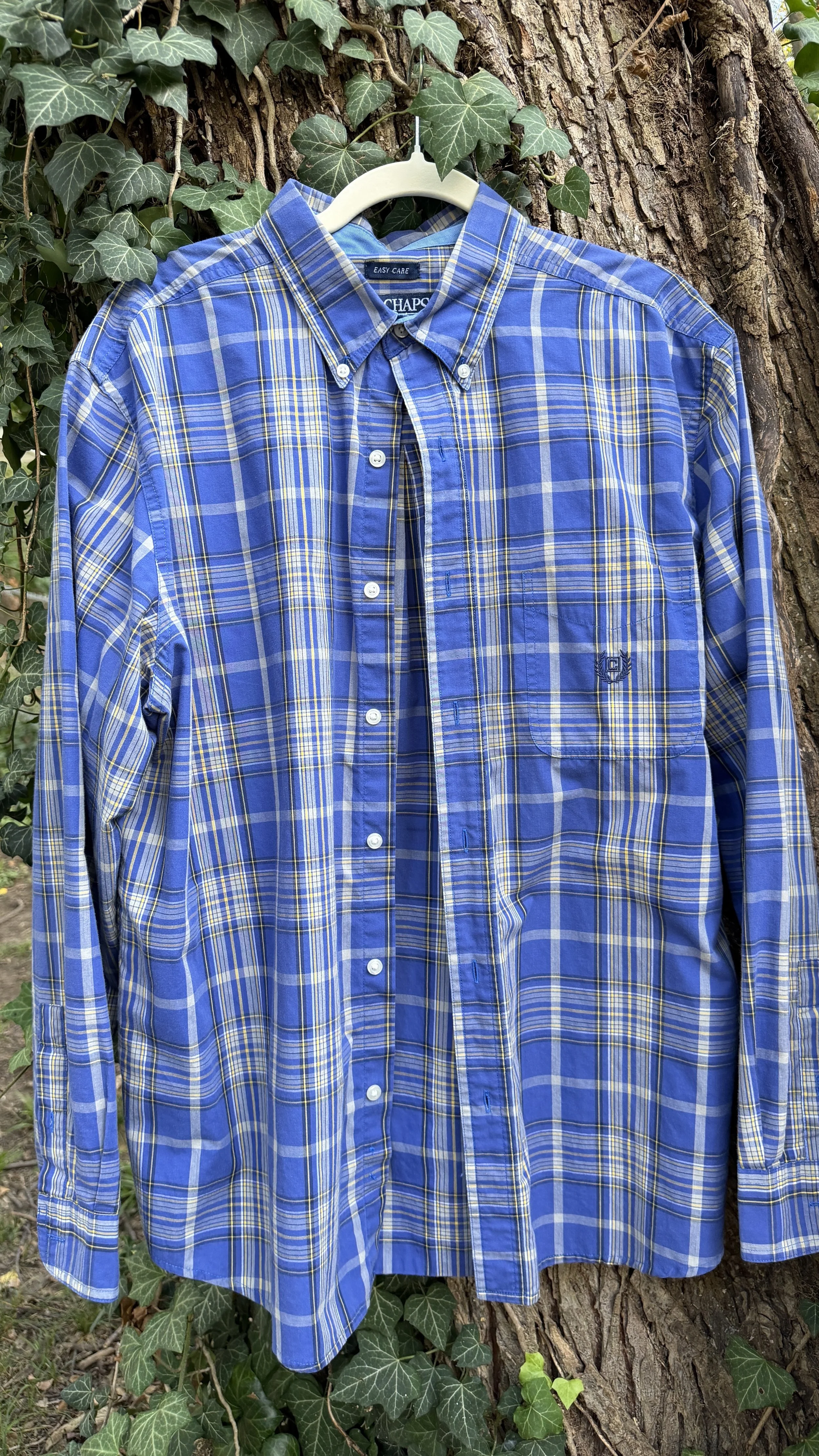 Vintage Chaps Blue & Yellow Plaid Button-Down (Embroidered Crest Logo, Poly-Cotton Blend)